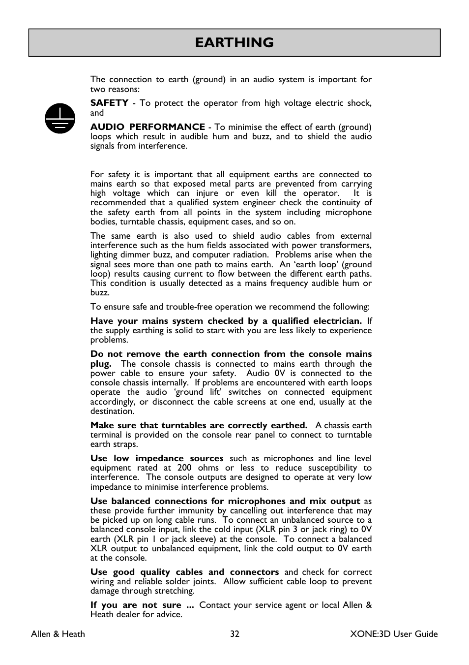 Earthing | Allen&Heath Xone 3D User Manual | Page 32 / 42