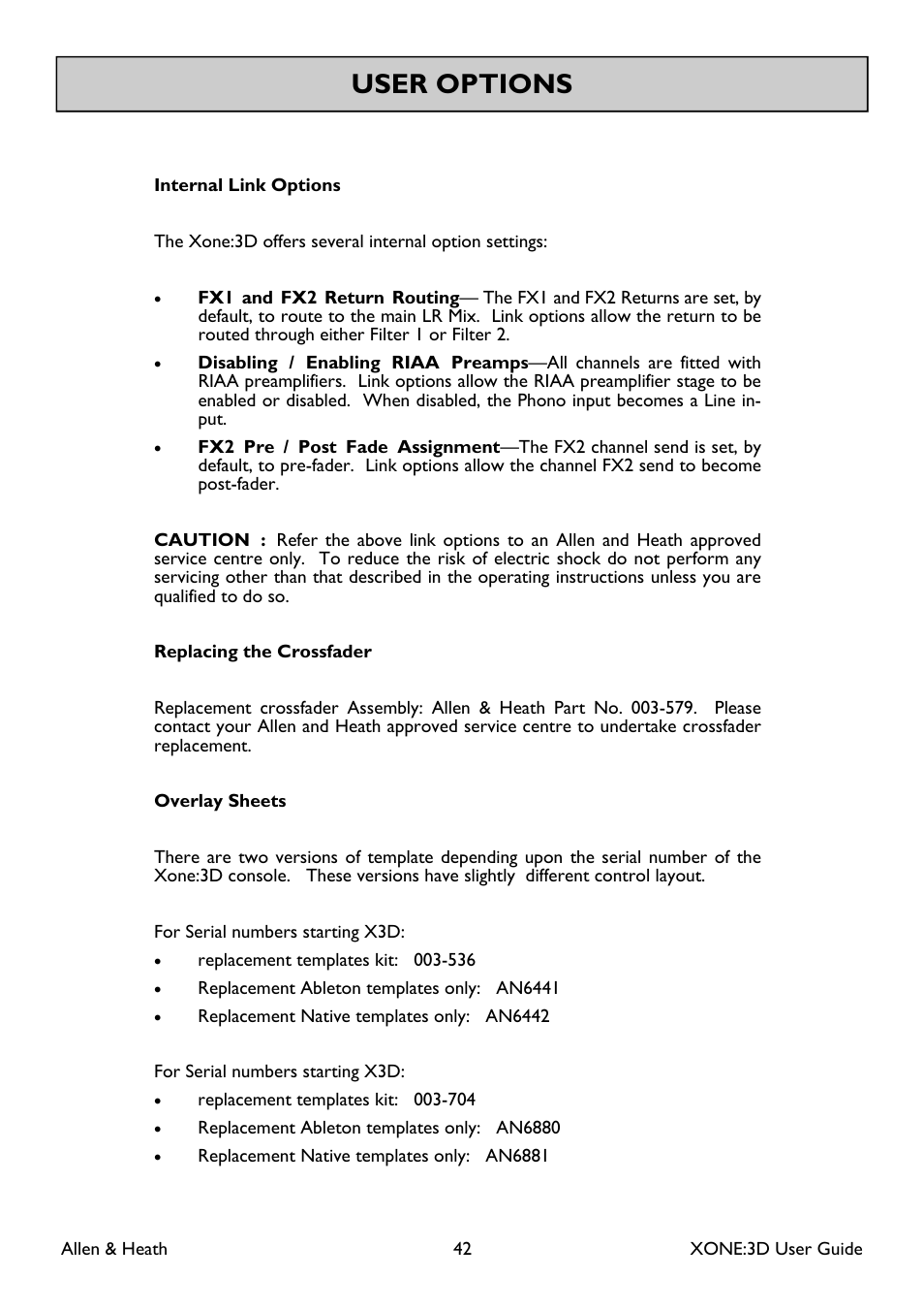 User options | Allen&Heath Xone 3D User Manual | Page 42 / 42