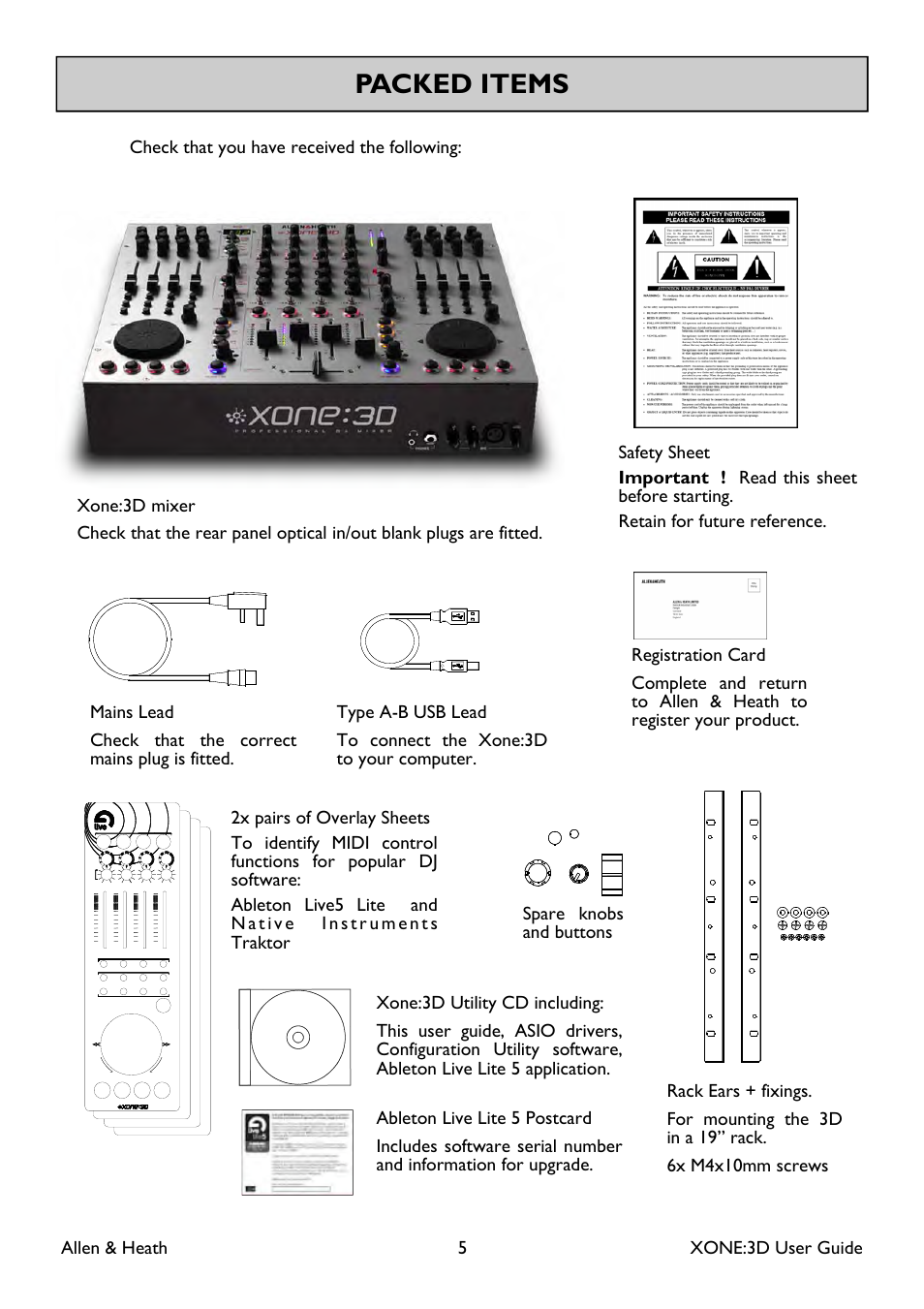 Packed items | Allen&Heath Xone 3D User Manual | Page 5 / 42