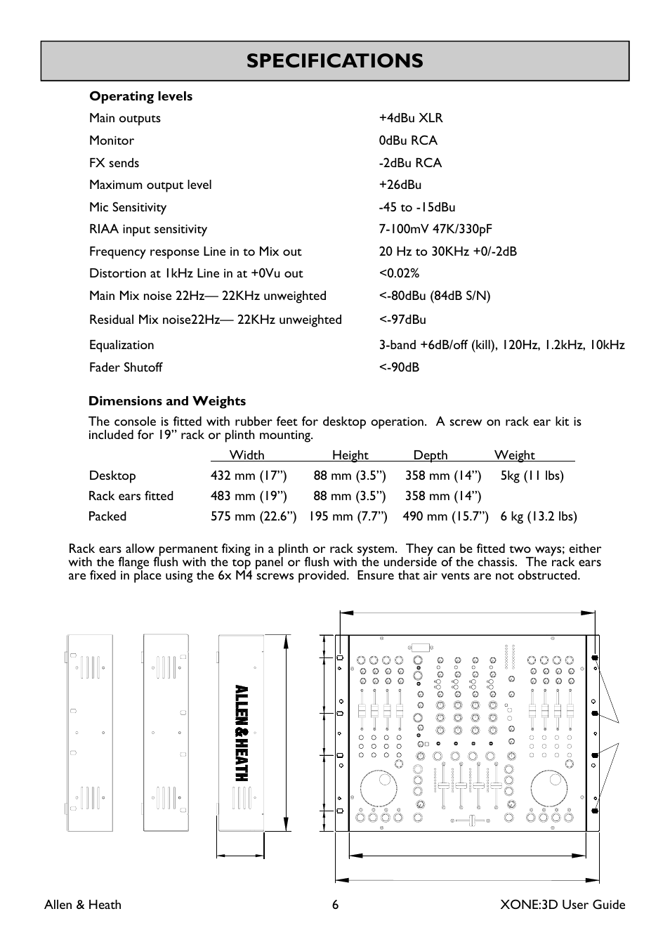 Specifications | Allen&Heath Xone 3D User Manual | Page 6 / 42