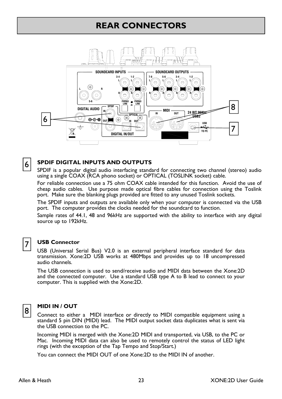 Rear connectors 6 8 7, Allen & heath 23 xone:2d user guide | Allen&Heath Xone 2D User Manual | Page 23 / 34