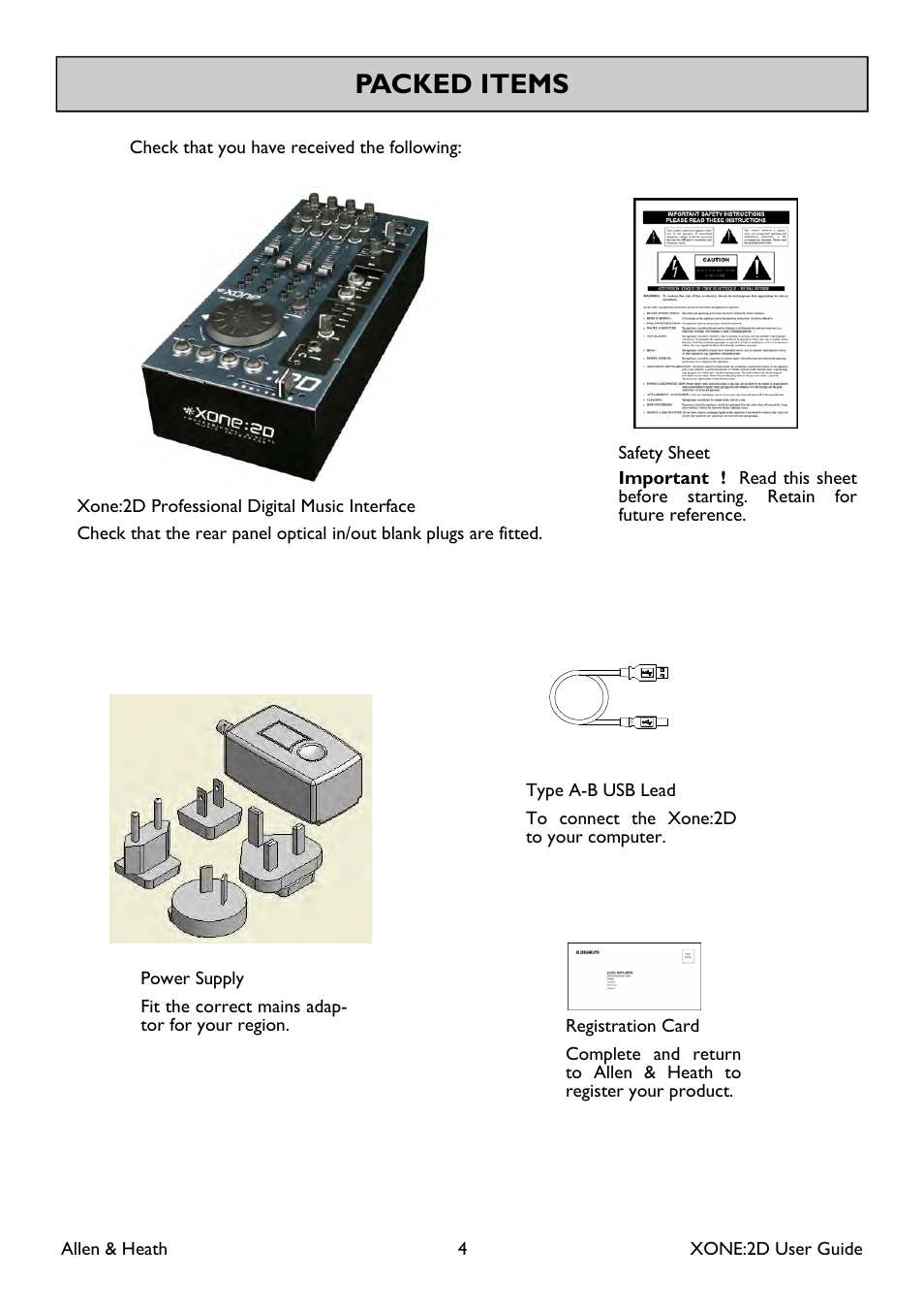 Packed items | Allen&Heath Xone 2D User Manual | Page 4 / 34