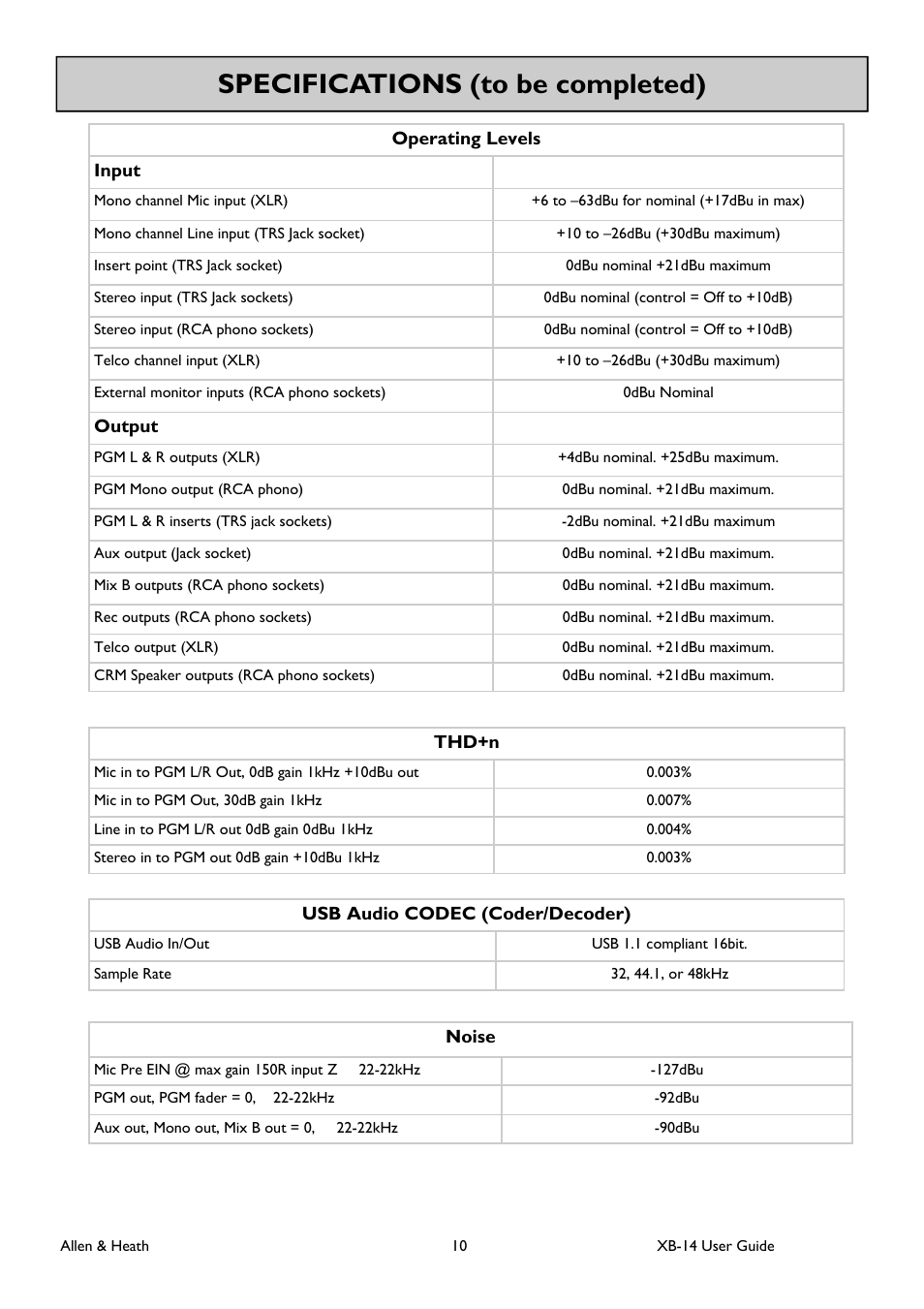 Specifications (to be completed) | Allen&Heath XB 14 User Manual | Page 10 / 40