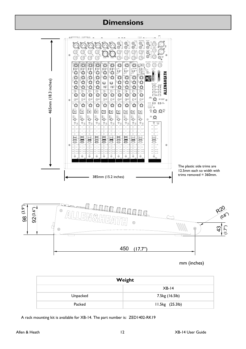 Dimensions, Weight, Mm (inches) | Allen & heath 12 xb-14 user guide, Allen h eath | Allen&Heath XB 14 User Manual | Page 12 / 40