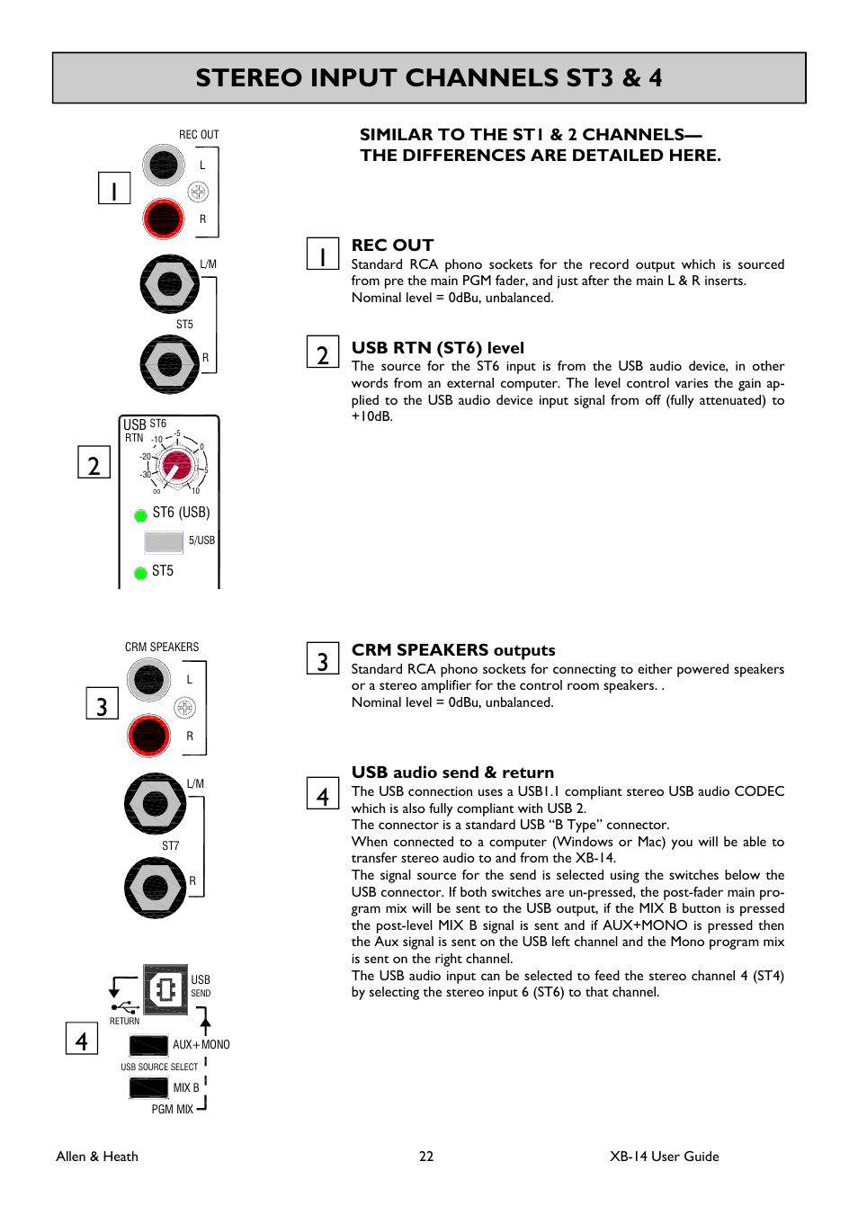 34 stereo input channels st3 & 4, Rec out, Usb rtn (st6) level | Crm speakers outputs, Usb audio send & return | Allen&Heath XB 14 User Manual | Page 22 / 40