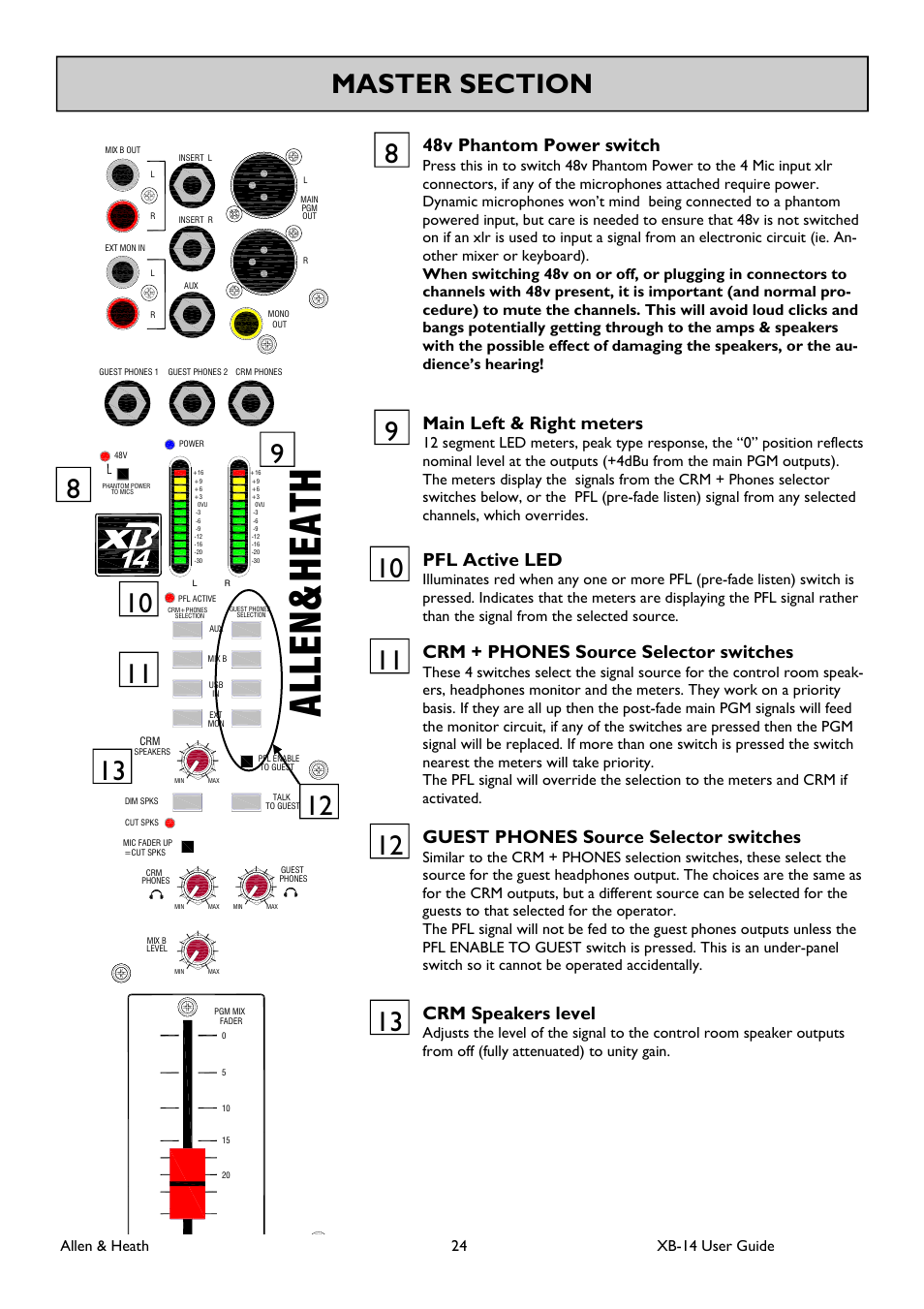 Allen h eath, Main left & right meters, 48v phantom power switch | Pfl active led, Crm + phones source selector switches, Guest phones source selector switches, Crm speakers level | Allen&Heath XB 14 User Manual | Page 24 / 40