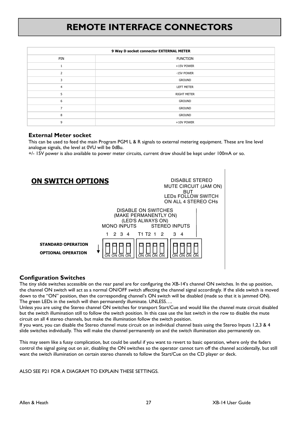 Remote interface connectors, On switch options, External meter socket | Configuration switches | Allen&Heath XB 14 User Manual | Page 27 / 40