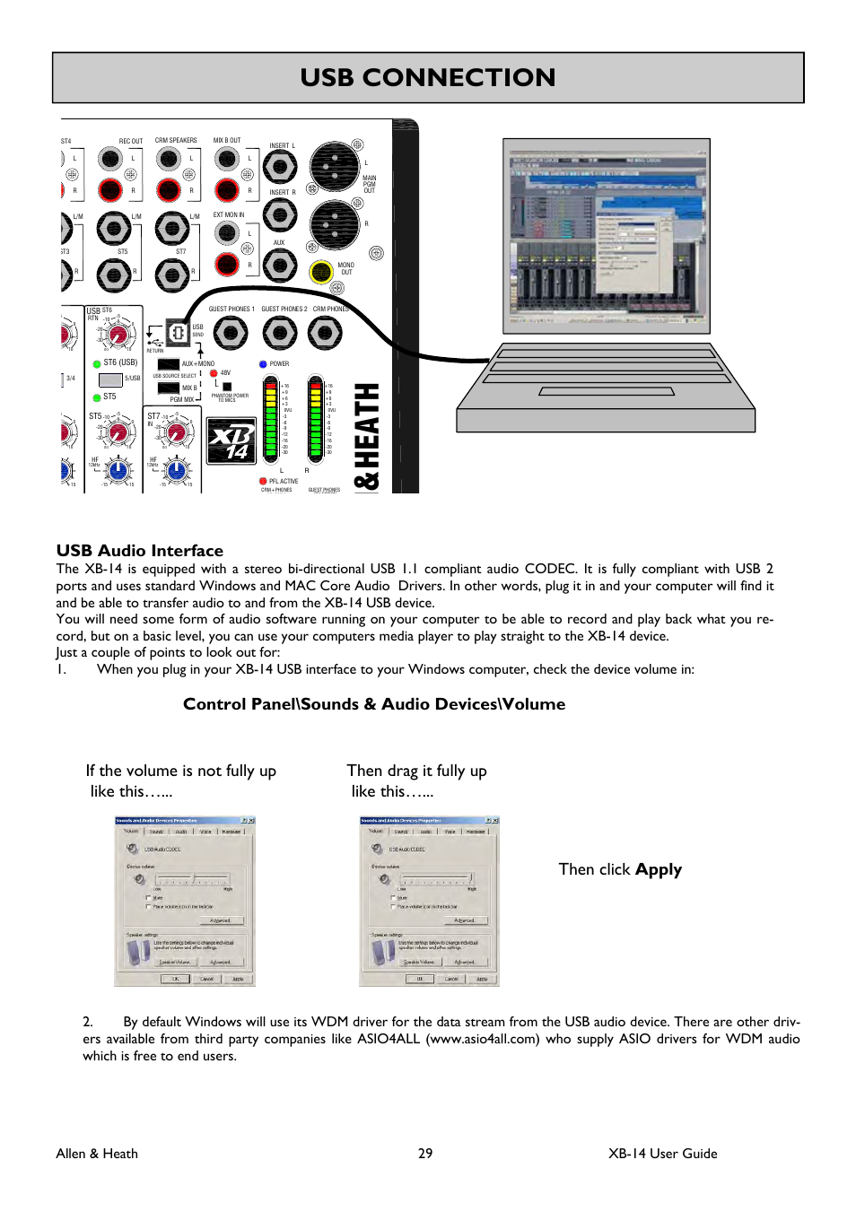 Nheath, Usb connection, Allen & heath 29 xb-14 user guide | Allen&Heath XB 14 User Manual | Page 29 / 40