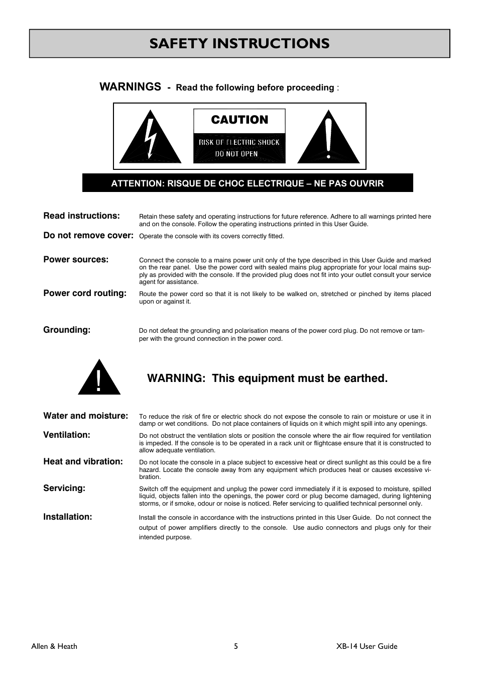 Safety instructions, Warnings, Caution | Warning: this equipment must be earthed | Allen&Heath XB 14 User Manual | Page 5 / 40