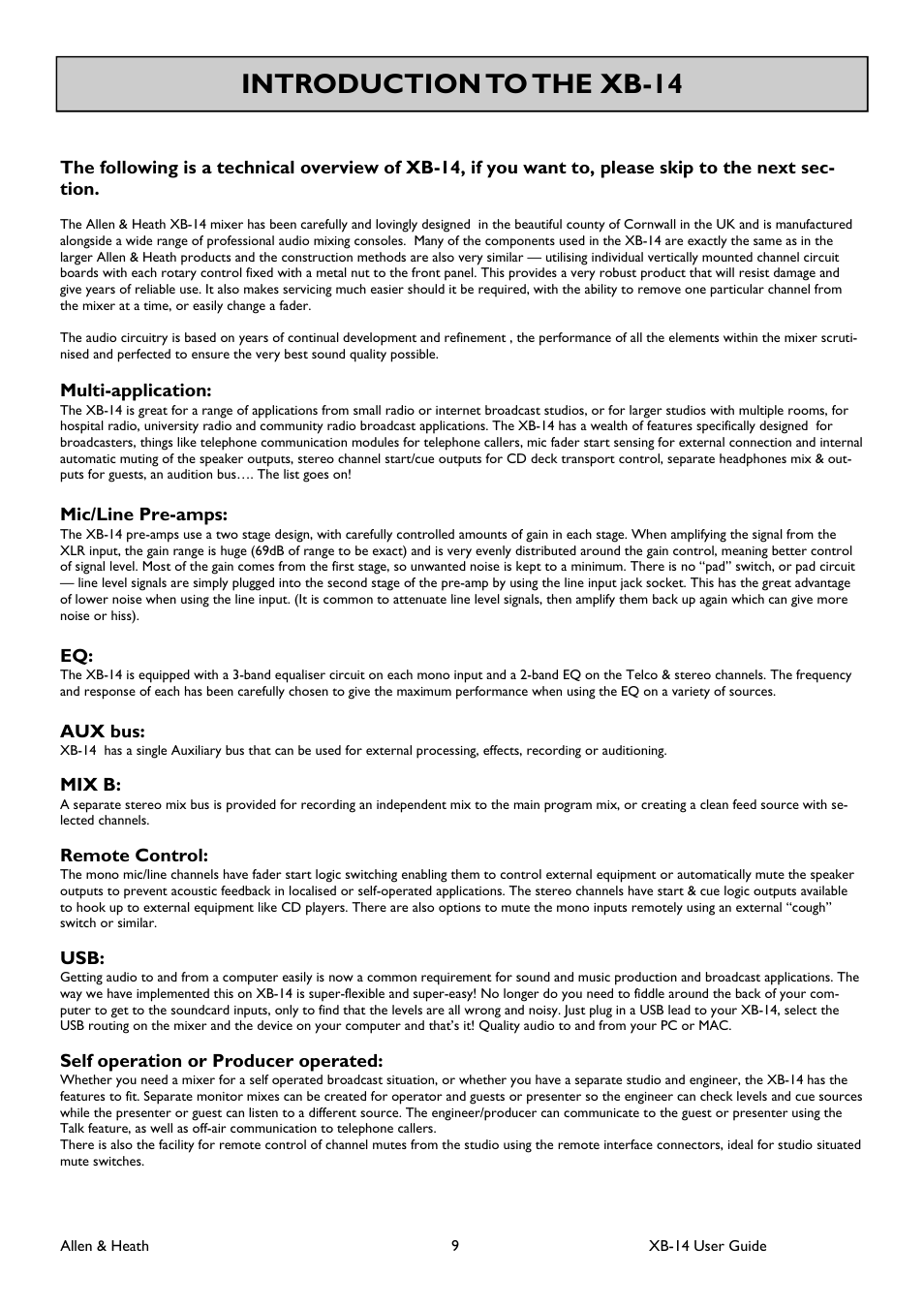 Introduction to the xb-14 | Allen&Heath XB 14 User Manual | Page 9 / 40