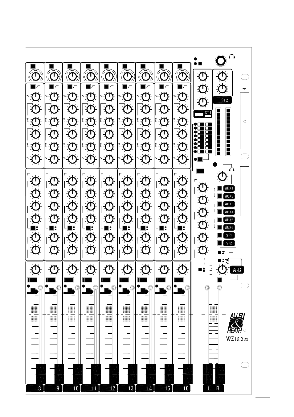 Wz16:2dx front panel, Ront, Anel | Ayout, Wz16:2dx, Wz12:2dx u, Uide | Allen&Heath WZ12 2DX User Manual | Page 8 / 28