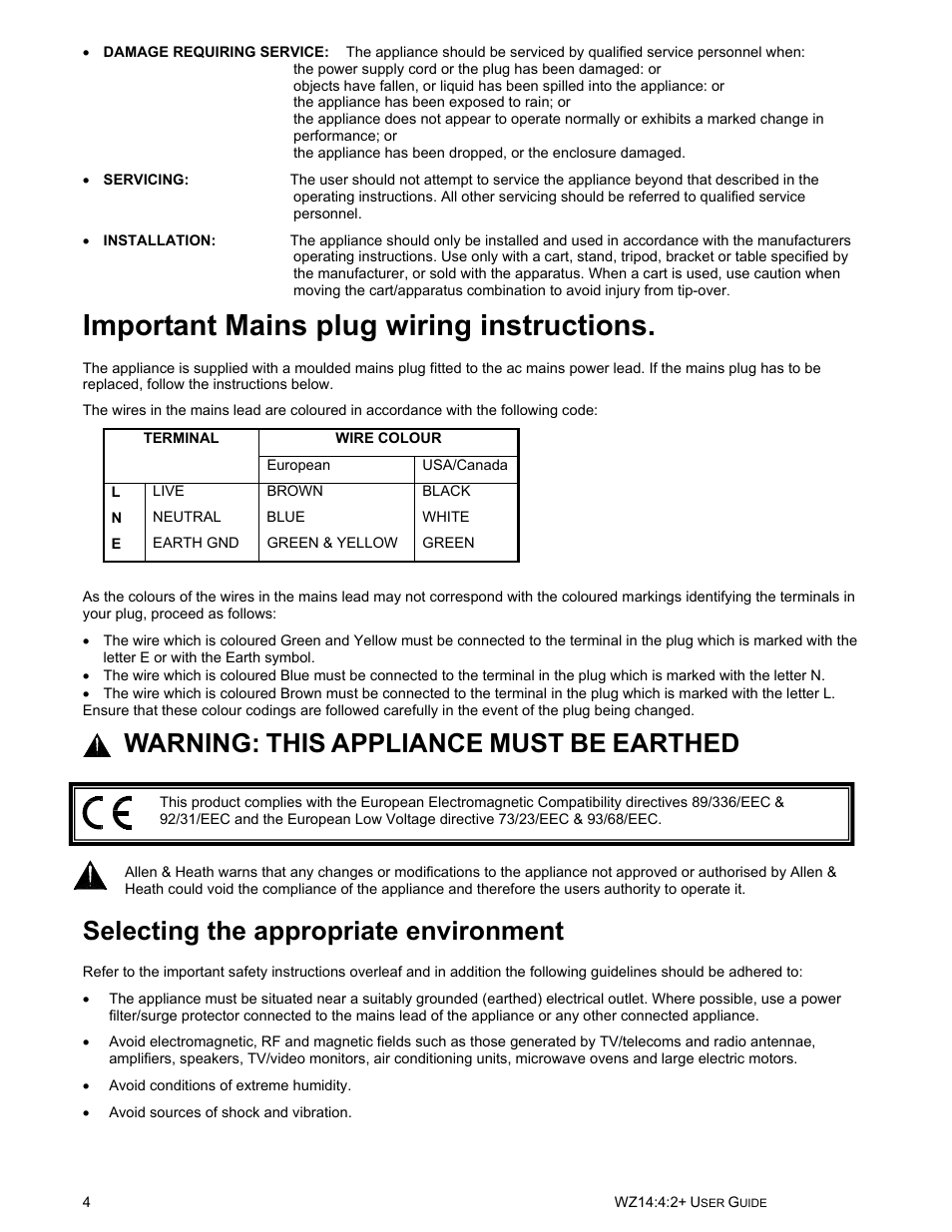 Important mains plug wiring instructions, Warning, This | Appliance, Must, Earthed, Selecting the appropriate environment | Allen&Heath WZ14-4-2 MK2 User Manual | Page 4 / 24