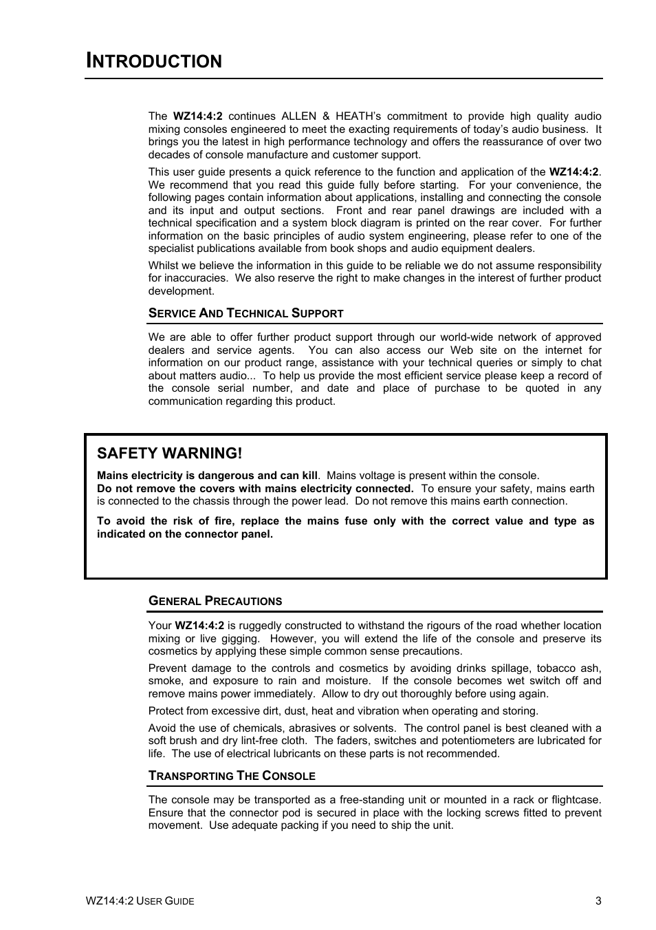 Ntroduction, Safety warning | Allen&Heath WZ14-4-2 User Manual | Page 3 / 21