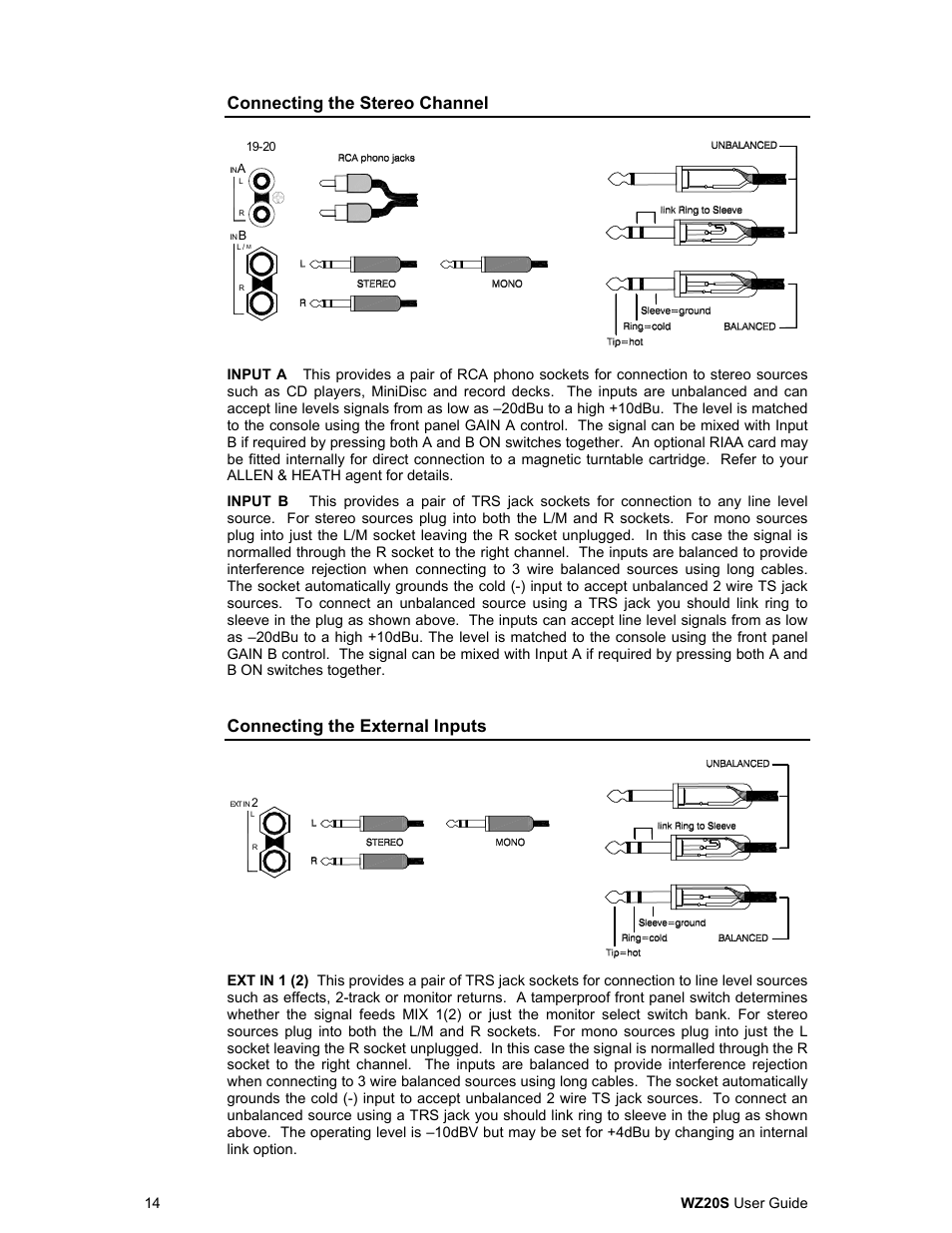 Connecting the stereo channel, Connecting the external inputs | Allen&Heath WZ 20S USER GUIDE User Manual | Page 14 / 35