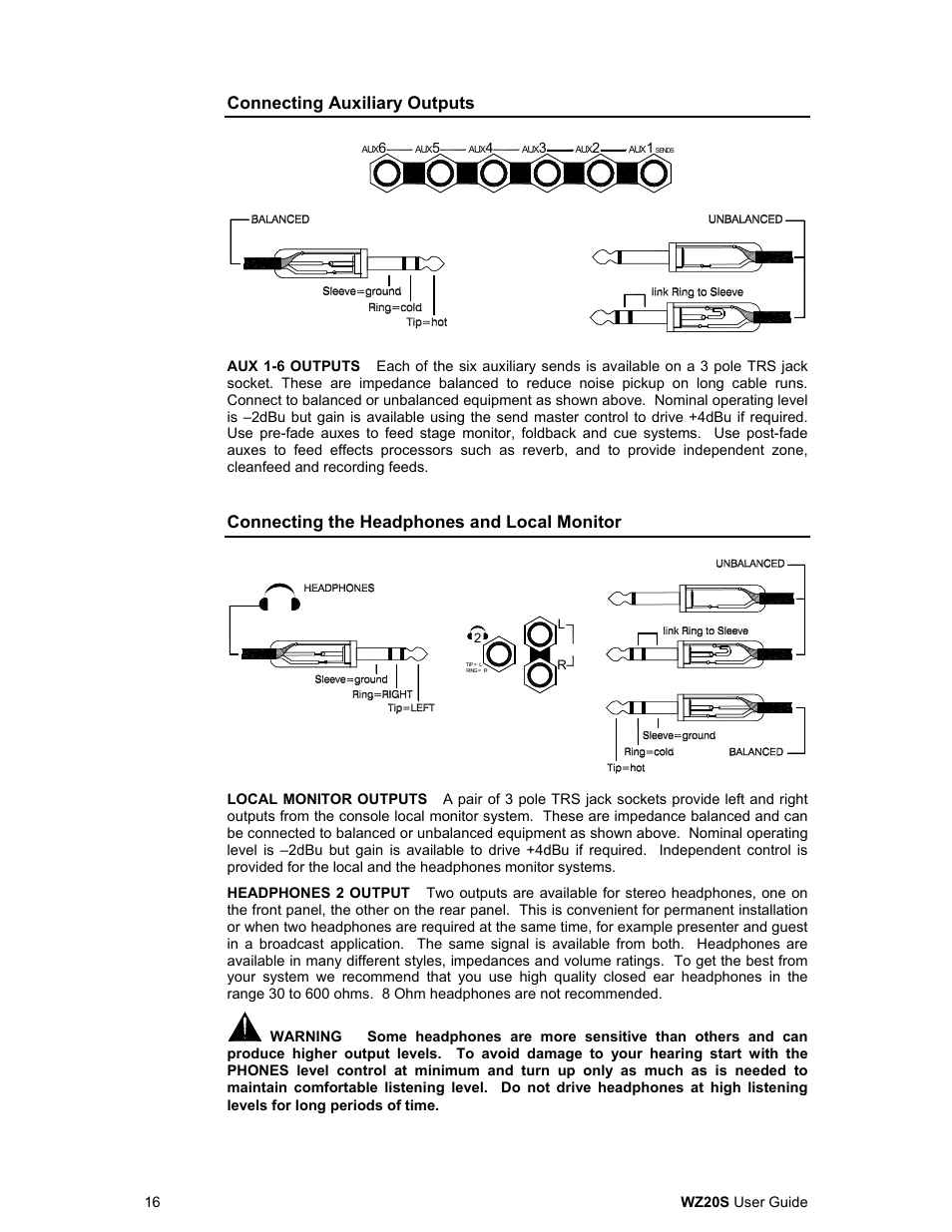 Connecting auxiliary outputs, Connecting the headphones and local monitor | Allen&Heath WZ 20S USER GUIDE User Manual | Page 16 / 35