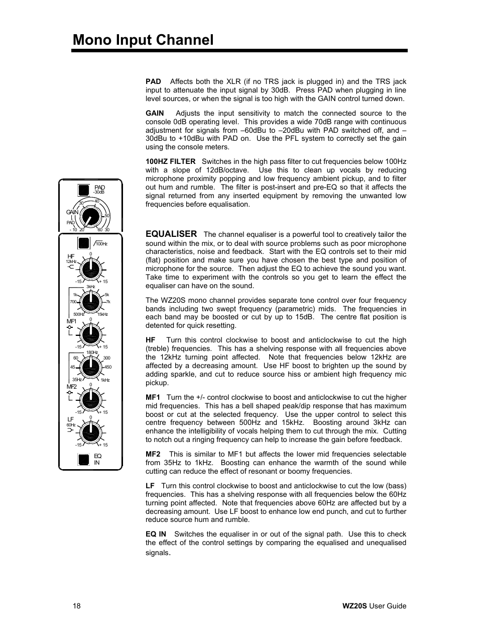 Mono input channel, Equaliser | Allen&Heath WZ 20S USER GUIDE User Manual | Page 18 / 35