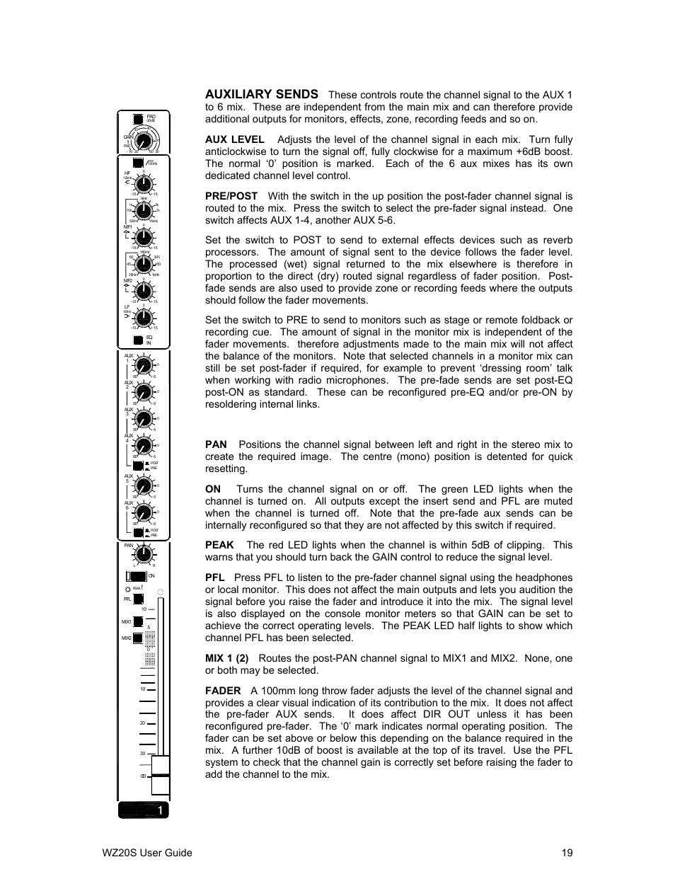 Auxiliary sends, Wz20s user guide 19 | Allen&Heath WZ 20S USER GUIDE User Manual | Page 19 / 35