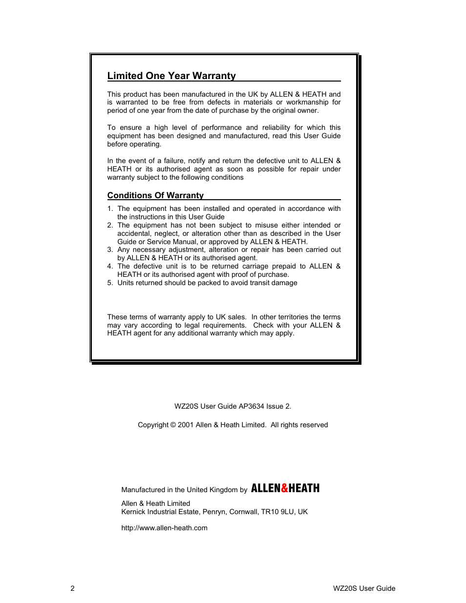 Allen & heath, Limited one year warranty | Allen&Heath WZ 20S USER GUIDE User Manual | Page 2 / 35