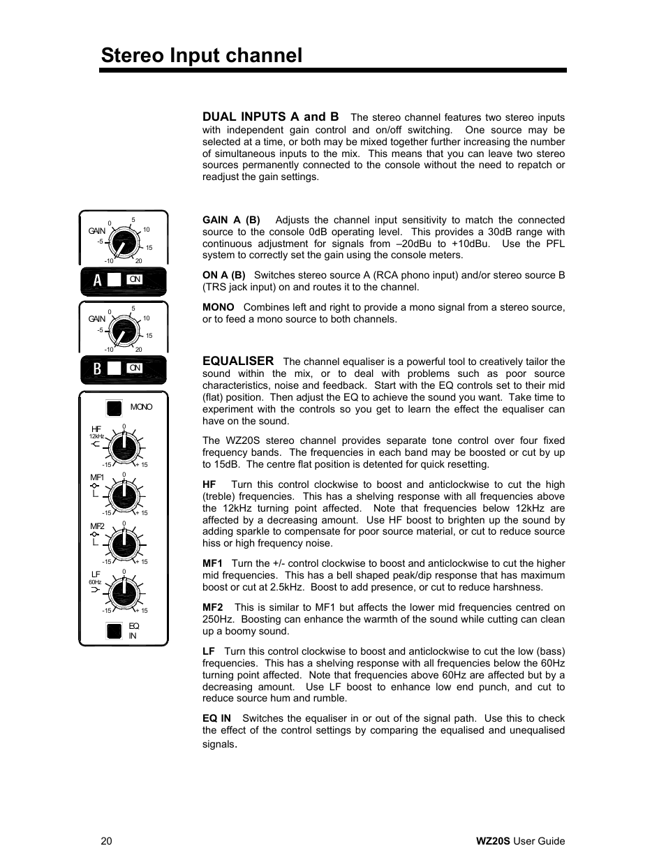 Stereo input channel, Dual inputs a and b, Equaliser | Allen&Heath WZ 20S USER GUIDE User Manual | Page 20 / 35
