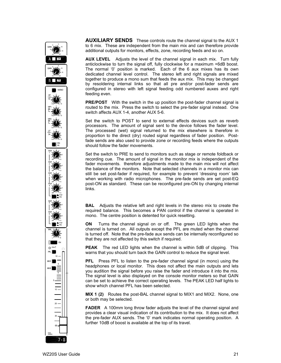 Auxiliary sends, Wz20s user guide 21 | Allen&Heath WZ 20S USER GUIDE User Manual | Page 21 / 35