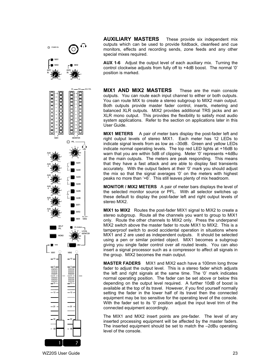 Auxiliary masters, Mix1 and mix2 masters, Wz20s user guide 23 | Allen&Heath WZ 20S USER GUIDE User Manual | Page 23 / 35