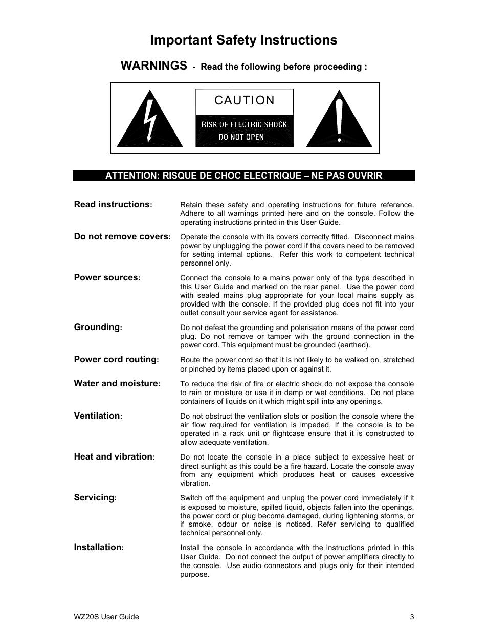 Important safety instructions, Warnings, Caution | Allen&Heath WZ 20S USER GUIDE User Manual | Page 3 / 35