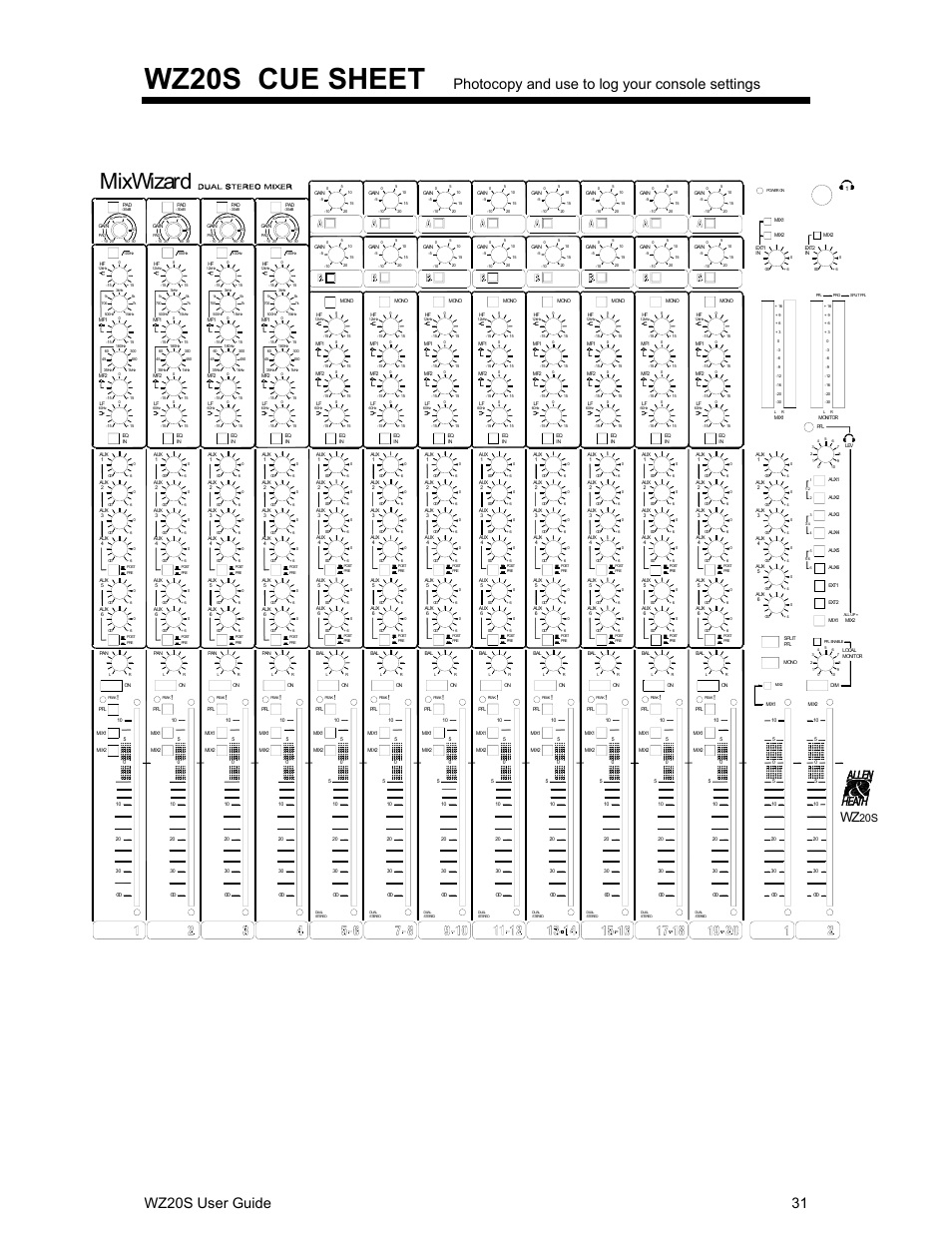 Wz20s cue sheet, Mixwizard, Wz20s user guide 31 | Photocopy and use to log your console settings | Allen&Heath WZ 20S USER GUIDE User Manual | Page 31 / 35