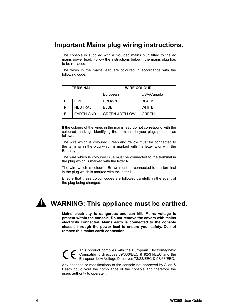 Important mains plug wiring instructions, Warning: this appliance must be earthed | Allen&Heath WZ 20S USER GUIDE User Manual | Page 4 / 35