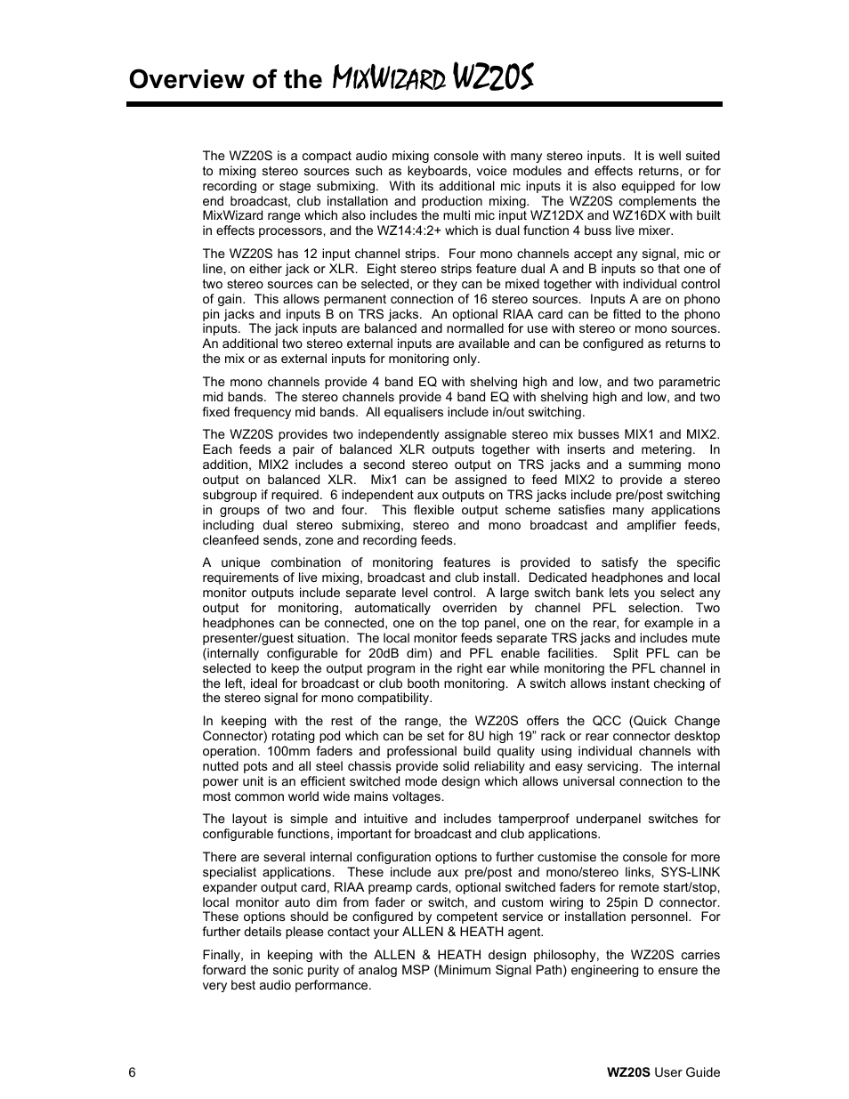 Wz20s, Izard, Overview of the | Allen&Heath WZ 20S USER GUIDE User Manual | Page 6 / 35