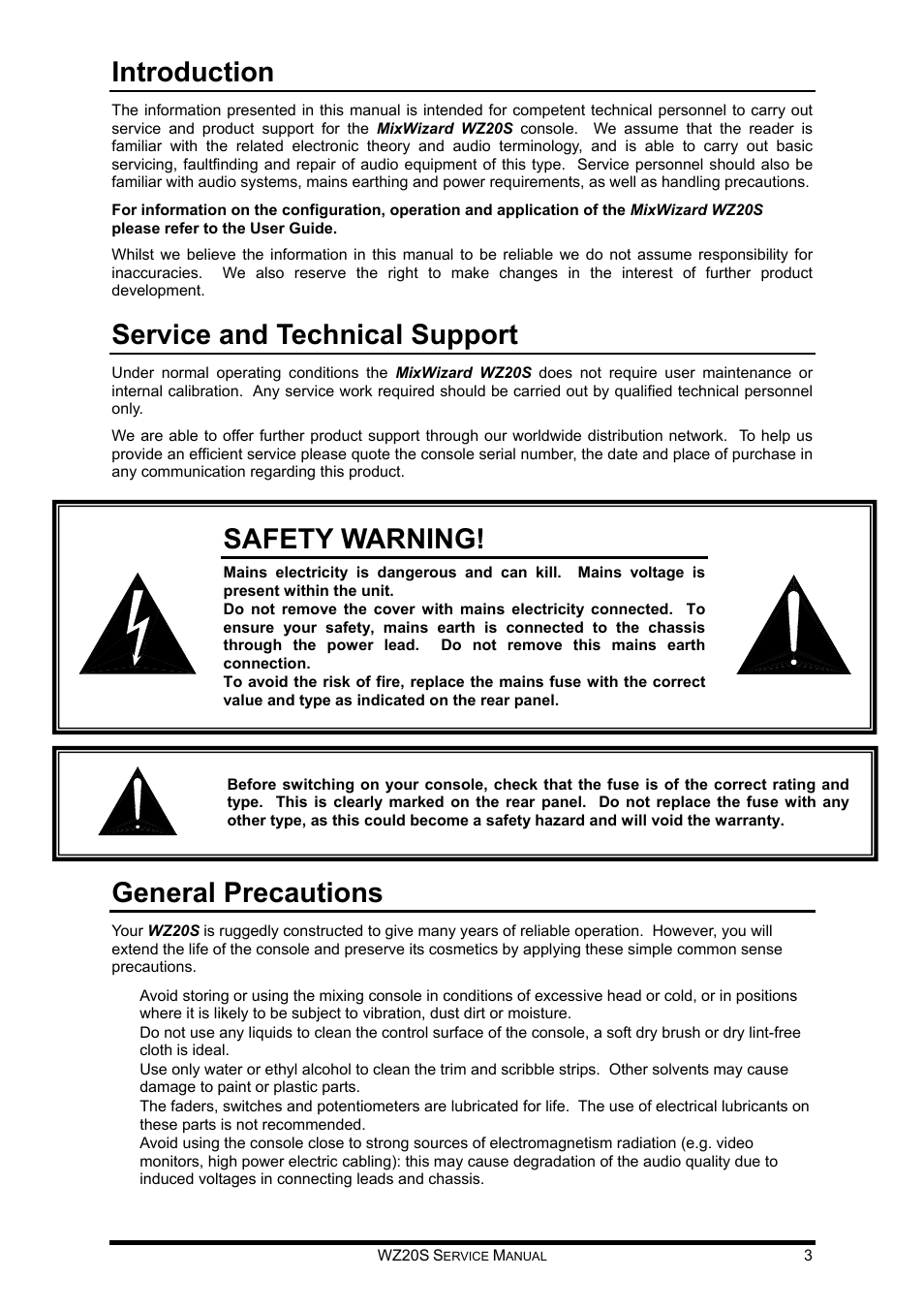Introduction, Service and technical support, General precautions | Safety warning | Allen&Heath WZ 20S SERVICE MANUAL User Manual | Page 4 / 23