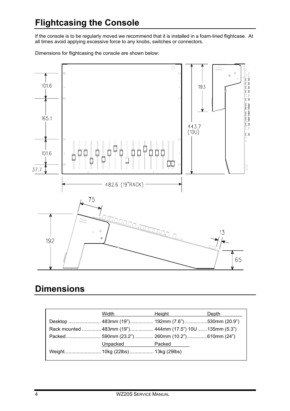 Flightcasing the console, Dimensions | Allen&Heath WZ 20S SERVICE MANUAL User Manual | Page 5 / 23