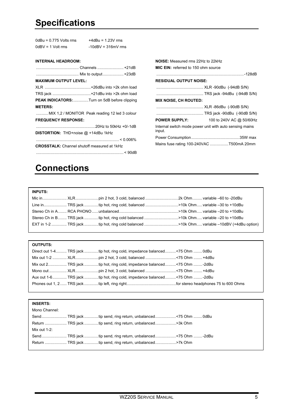 Specifications, Connections | Allen&Heath WZ 20S SERVICE MANUAL User Manual | Page 6 / 23