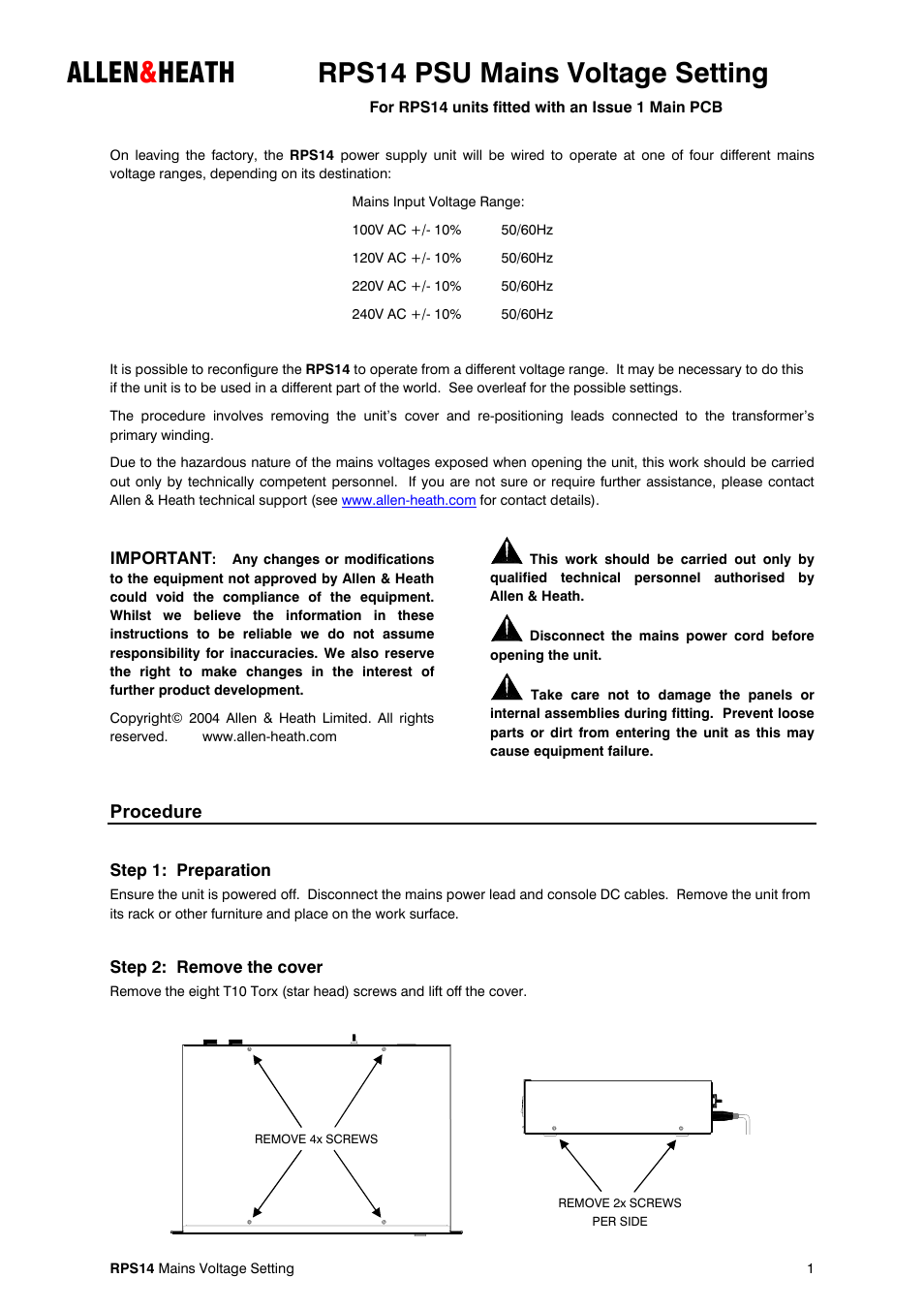 Rps14_mains_voltage_setting_1, Allen & heath rps14 psu mains voltage setting | Allen&Heath RPS14 User Manual | Page 16 / 18