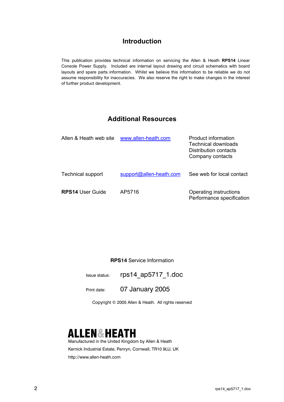 Allen&Heath RPS14 User Manual | Page 3 / 18