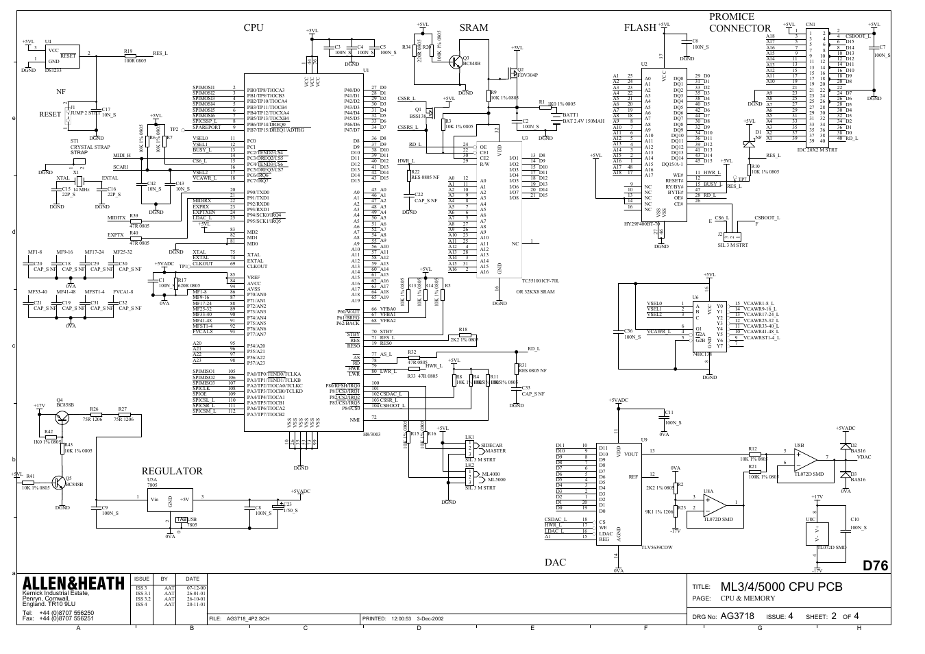 Allen&heath, Cpu sram flash promice connector, Regulator | Allen&Heath ML5000 SERVICE MANUAL User Manual | Page 122 / 135