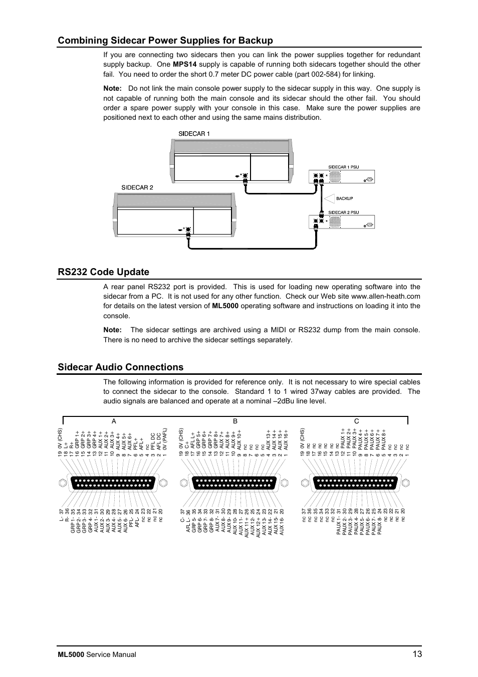 Combining sidecar power supplies for backup, Rs232 code update, Sidecar audio connections | Allen&Heath ML5000 SERVICE MANUAL User Manual | Page 14 / 135