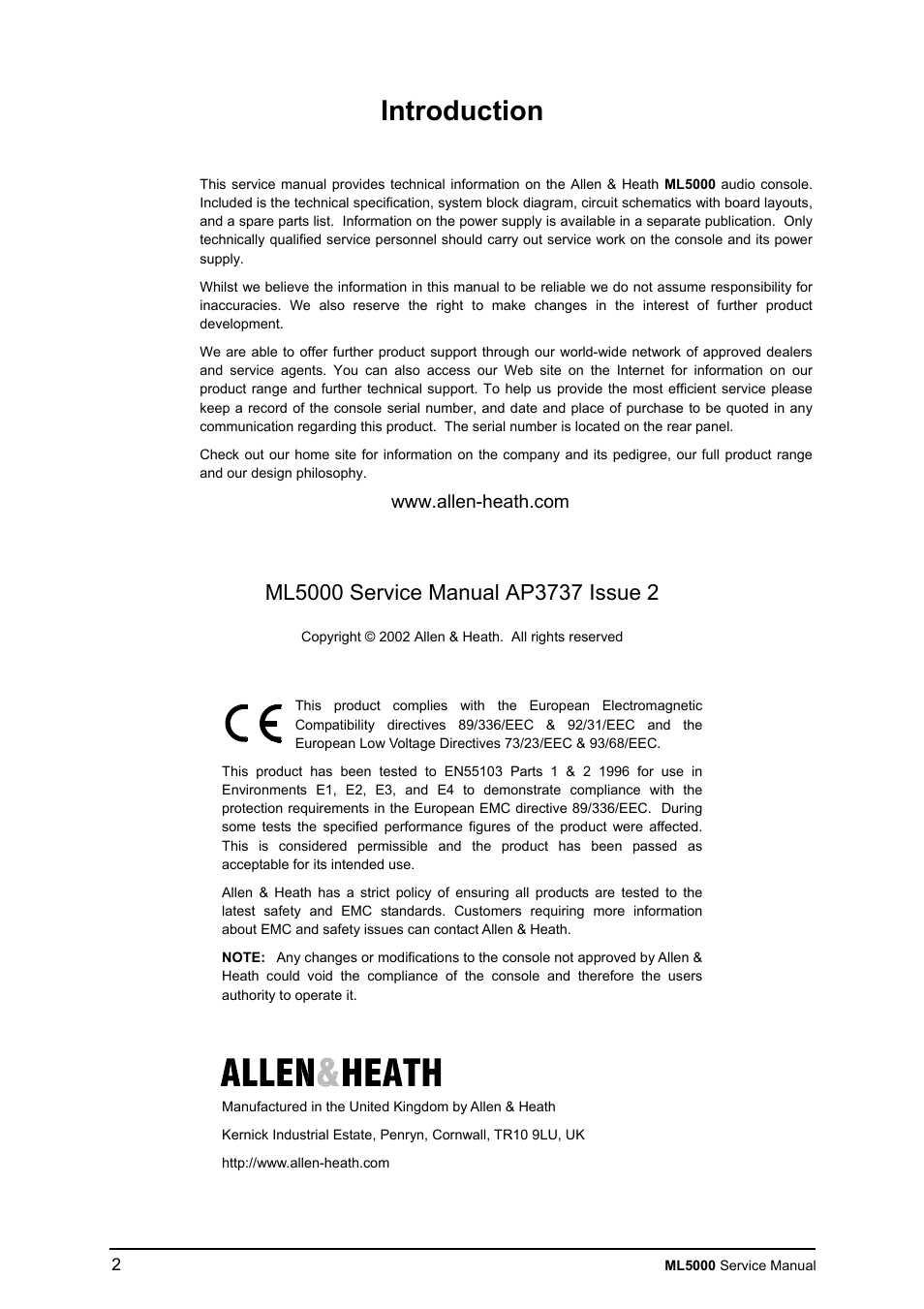 Introduction | Allen&Heath ML5000 SERVICE MANUAL User Manual | Page 3 / 135