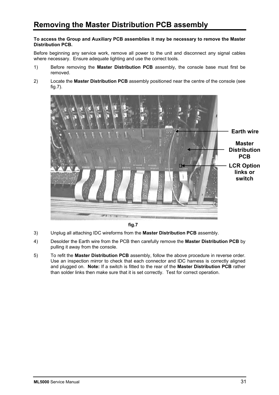 Removing the master distribution pcb assembly | Allen&Heath ML5000 SERVICE MANUAL User Manual | Page 32 / 135