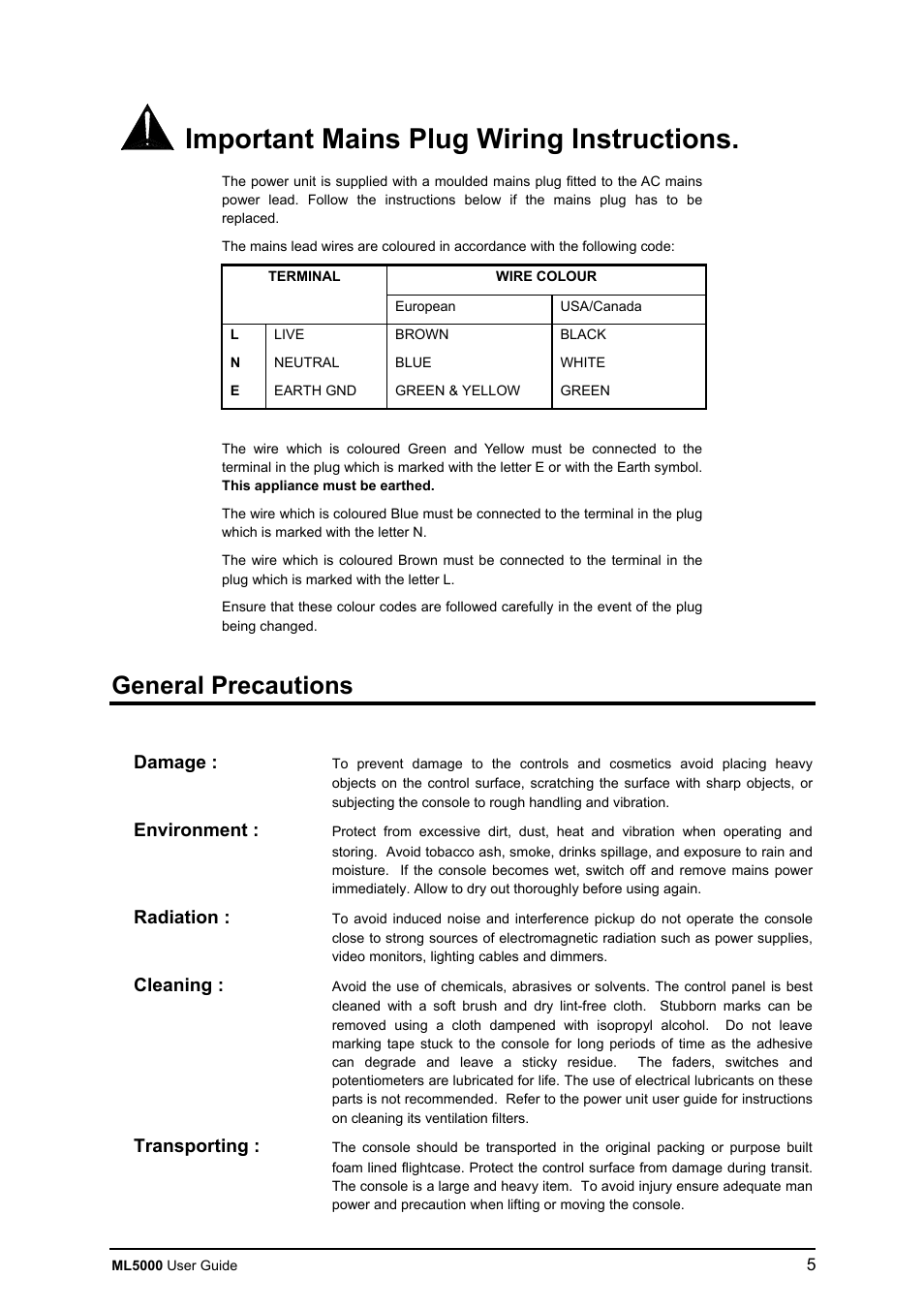 Important mains plug wiring instructions, General precautions | Allen&Heath ML5000 SERVICE MANUAL User Manual | Page 6 / 135