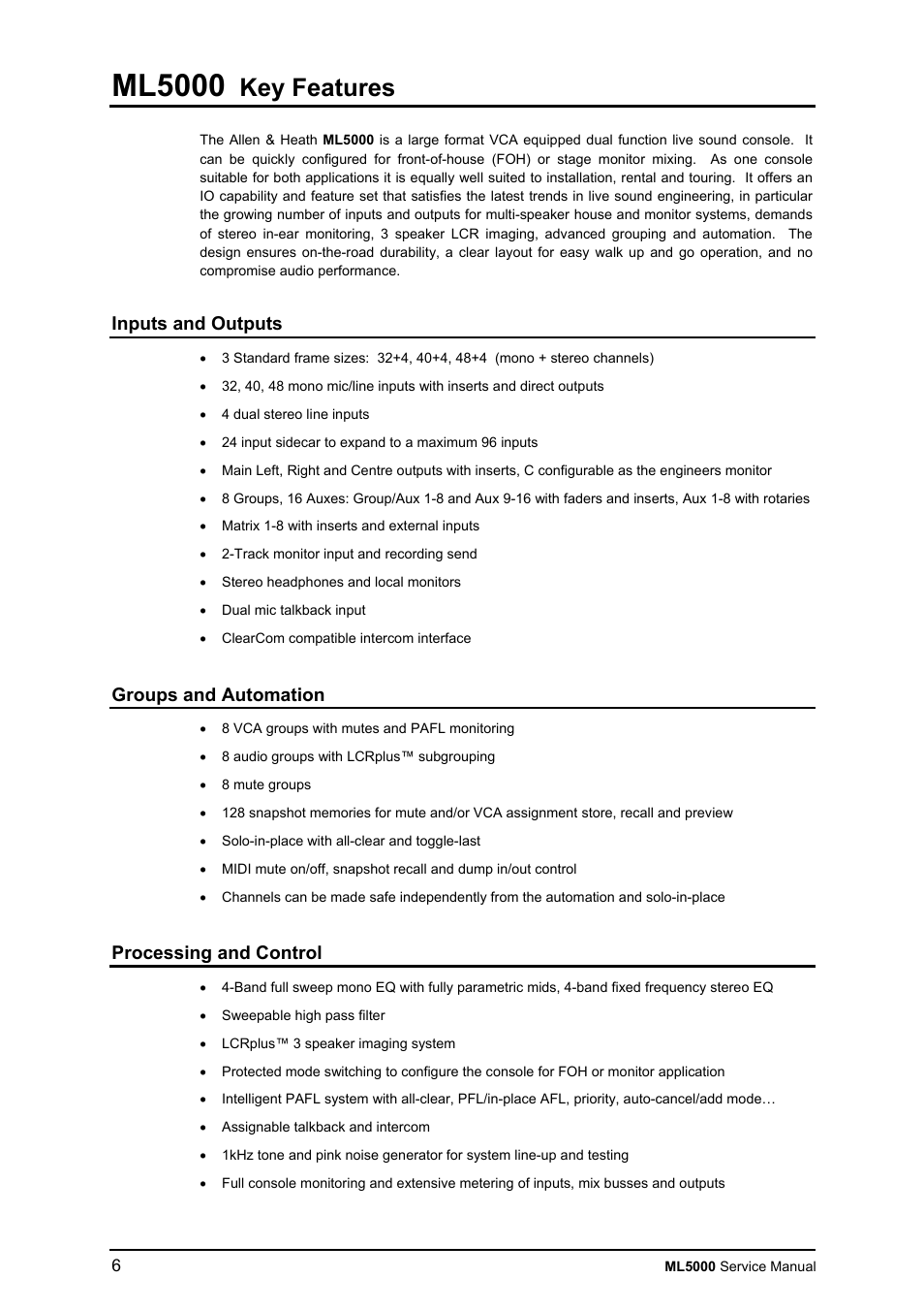 Ml5000, Key features | Allen&Heath ML5000 SERVICE MANUAL User Manual | Page 7 / 135