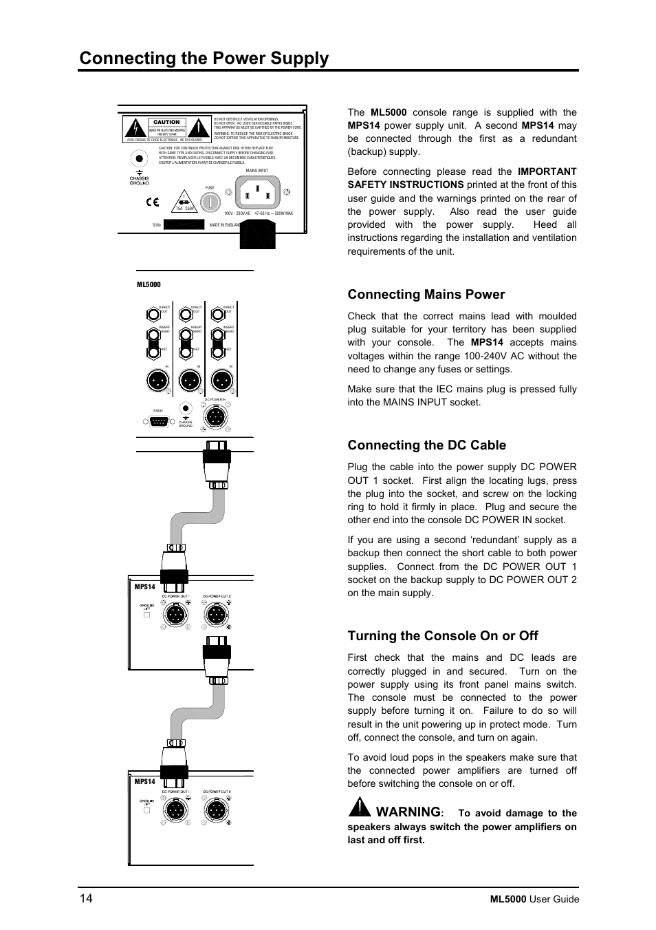 Connecting the power supply, Connecting mains power, Connecting the dc cable | Turning the console on or off, Warning, Ml5000 user guide | Allen&Heath ML5000 USER GUIDE User Manual | Page 14 / 60