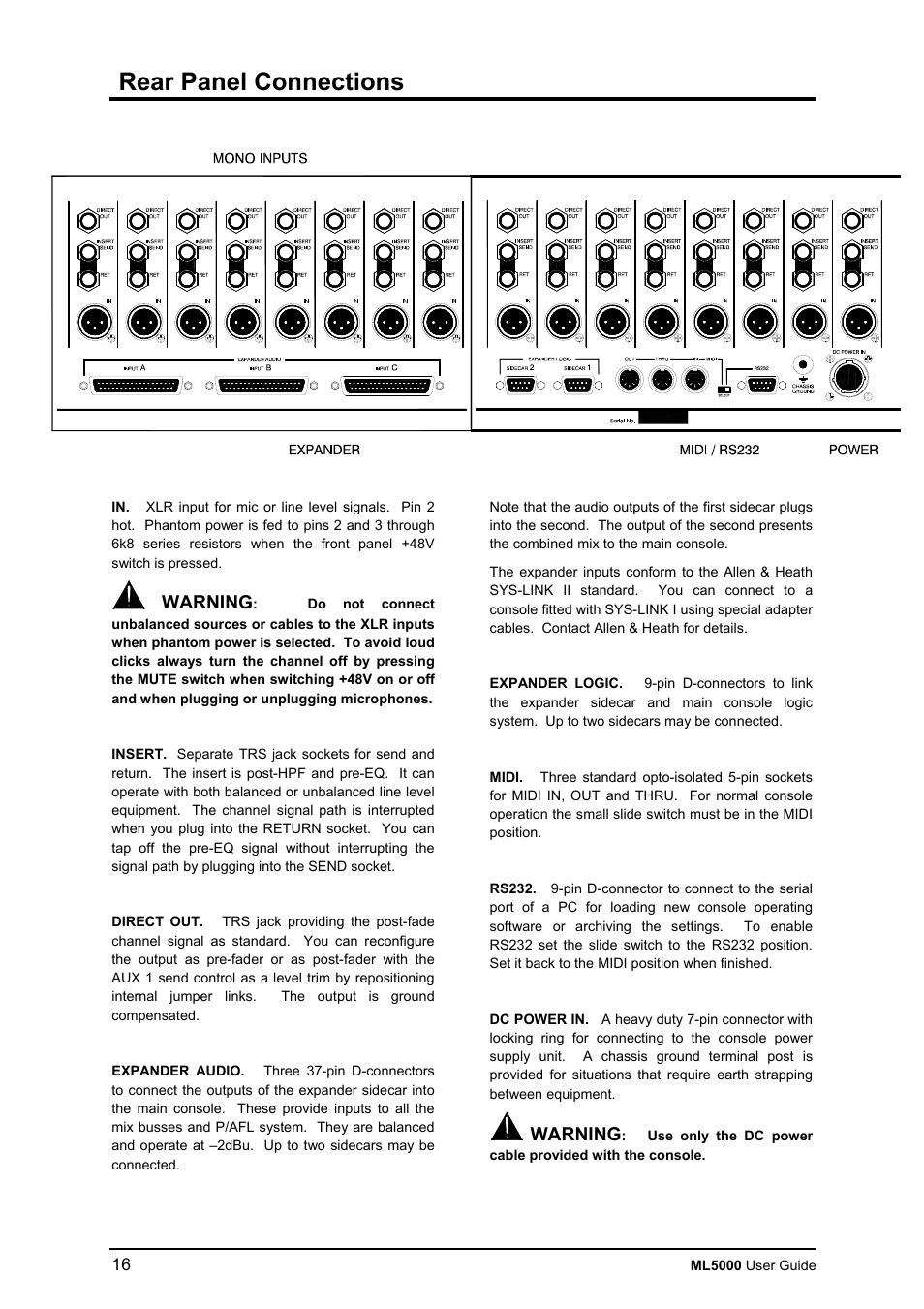 Rear panel connections, Warning | Allen&Heath ML5000 USER GUIDE User Manual | Page 16 / 60