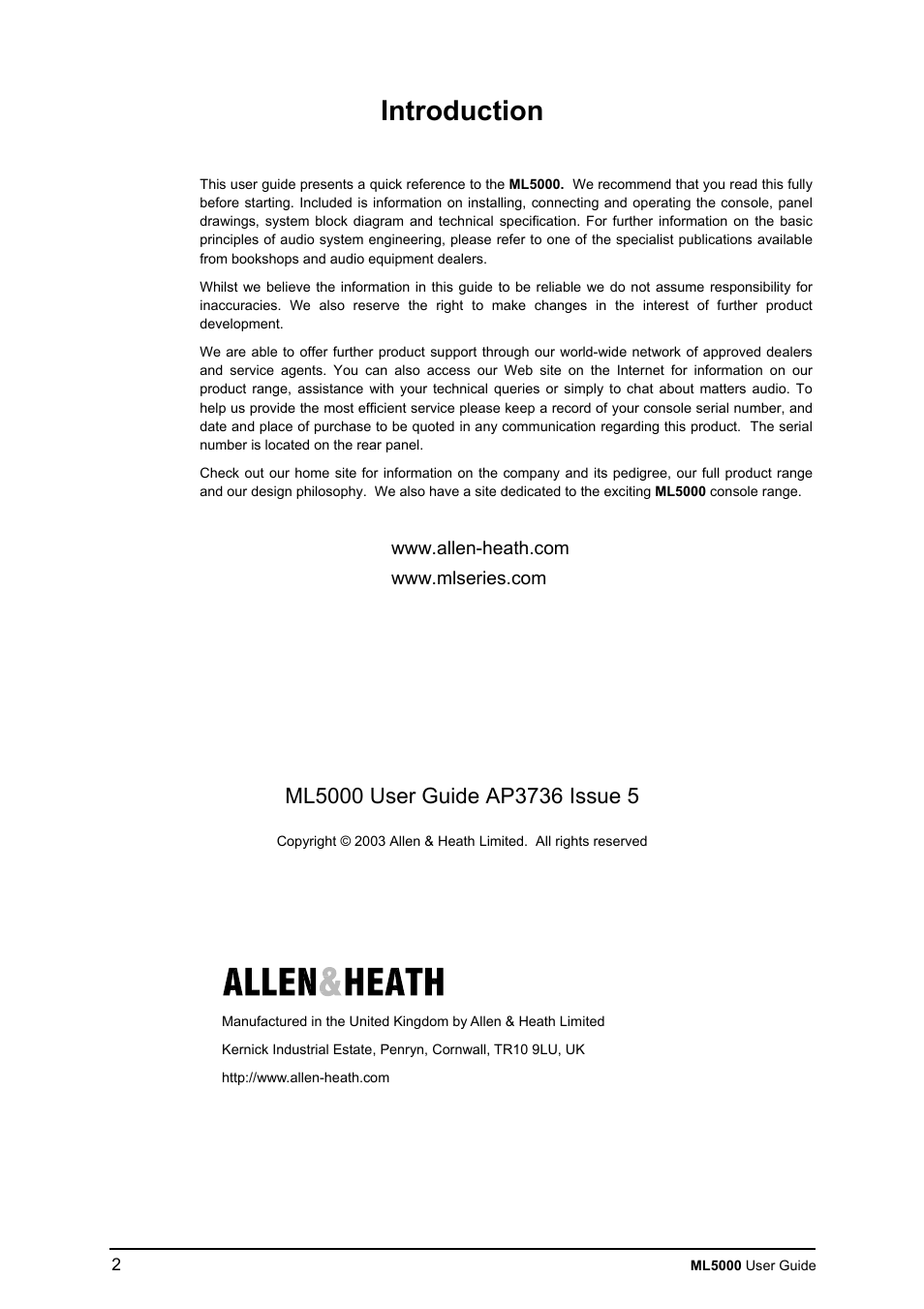 Introduction | Allen&Heath ML5000 USER GUIDE User Manual | Page 2 / 60