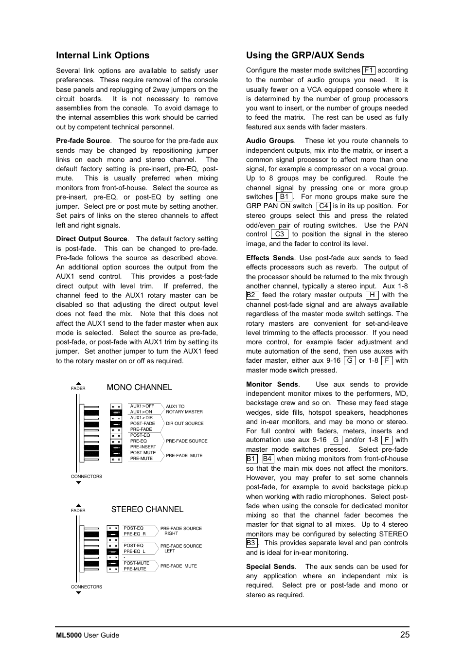 Internal link options, Using the grp/aux sends, Mono channel | Stereo channel | Allen&Heath ML5000 USER GUIDE User Manual | Page 25 / 60