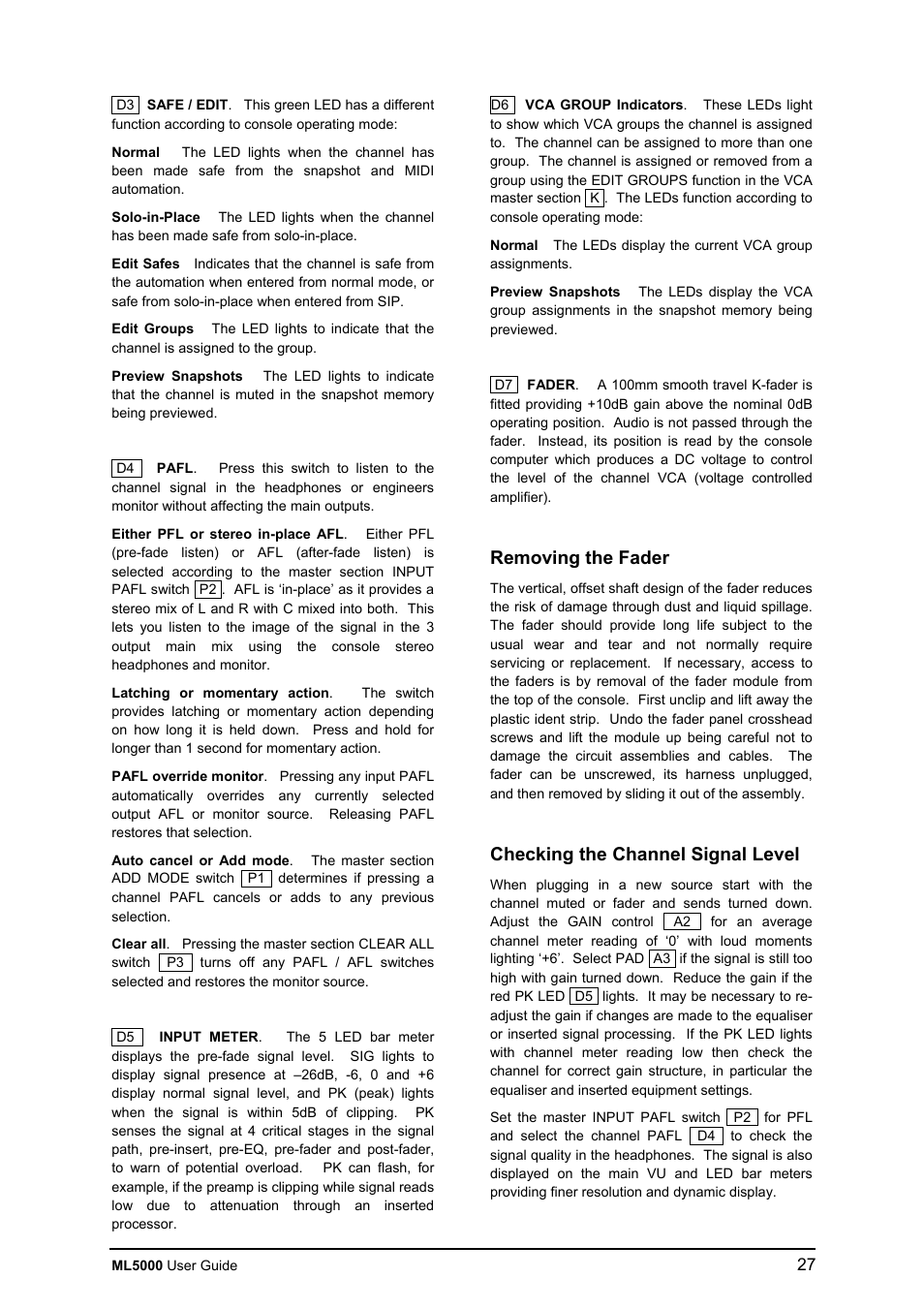 Removing the fader, Checking the channel signal level | Allen&Heath ML5000 USER GUIDE User Manual | Page 27 / 60
