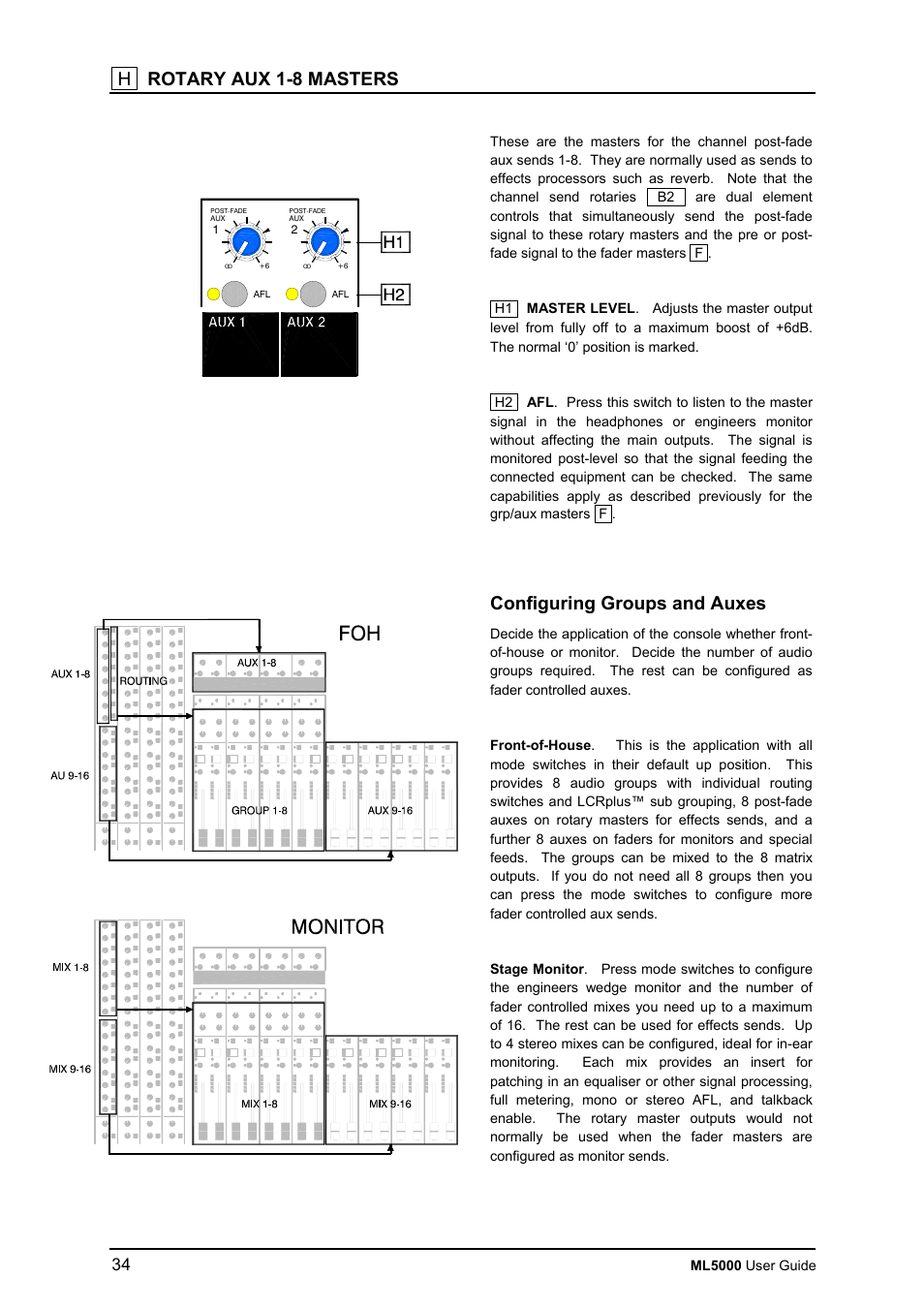 H rotary aux 1-8 masters, Configuring groups and auxes | Allen&Heath ML5000 USER GUIDE User Manual | Page 34 / 60