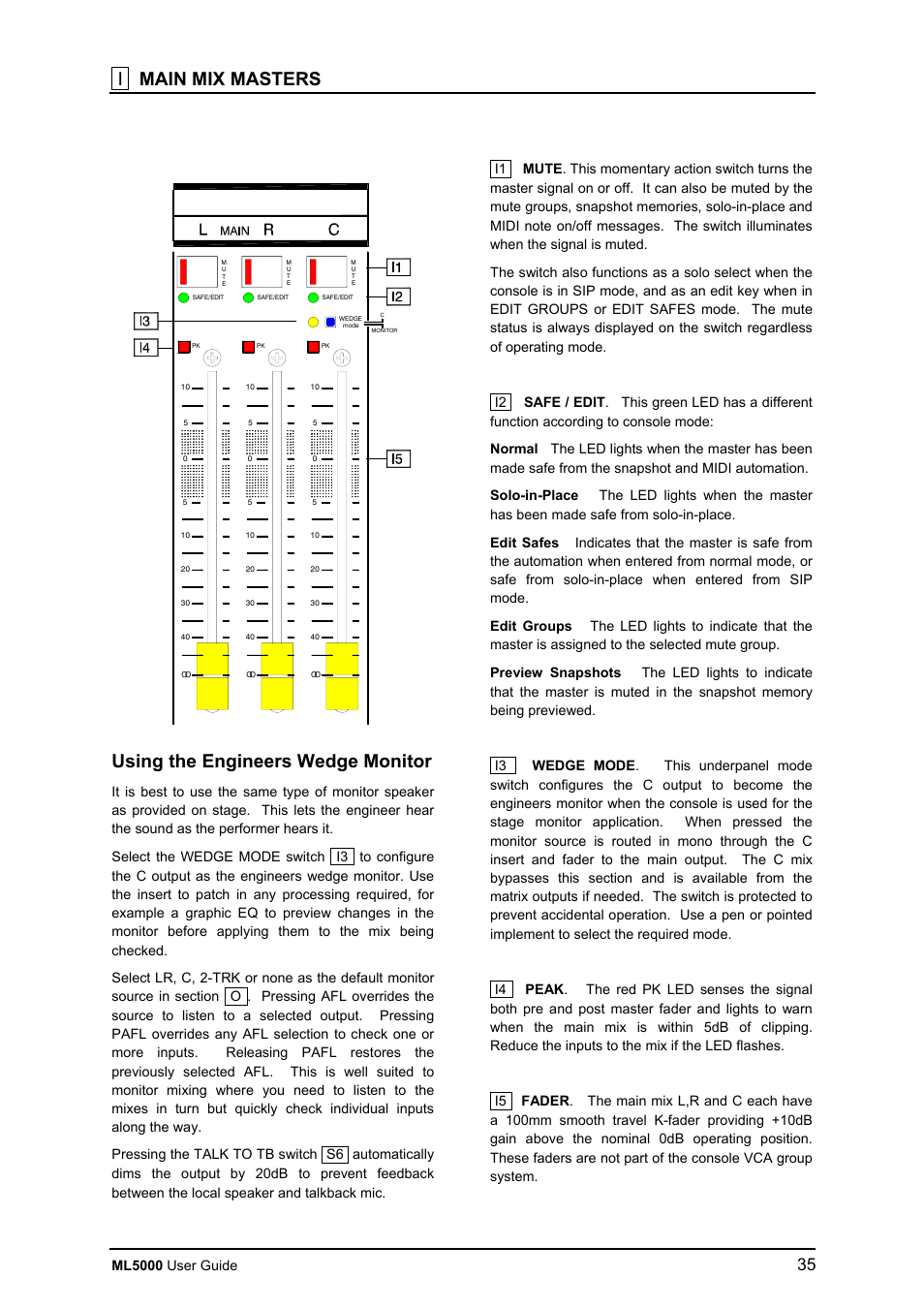 I main mix masters, Using the engineers wedge monitor, Ml5000 user guide | Allen&Heath ML5000 USER GUIDE User Manual | Page 35 / 60