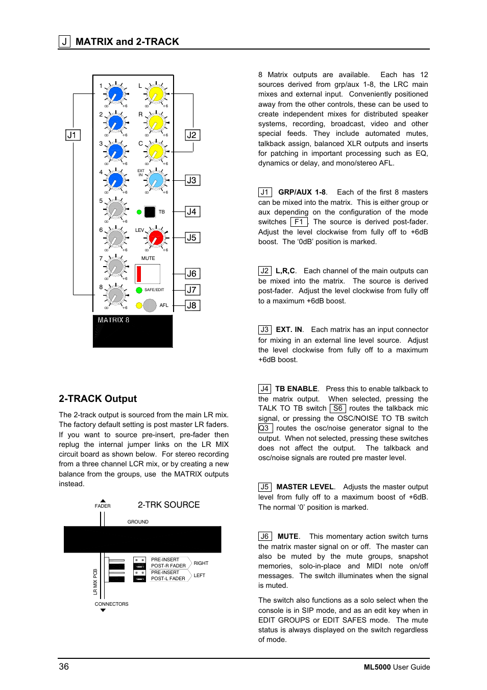 J matrix and 2-track, Track output, Trk source | Ml5000 user guide | Allen&Heath ML5000 USER GUIDE User Manual | Page 36 / 60