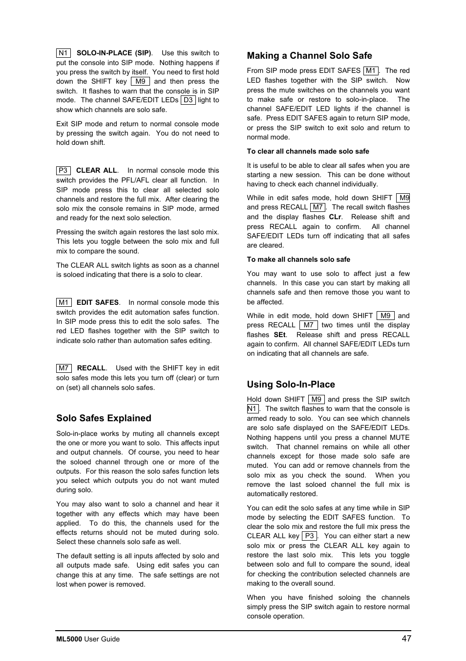 Solo safes explained, Making a channel solo safe, Using solo-in-place | Allen&Heath ML5000 USER GUIDE User Manual | Page 47 / 60
