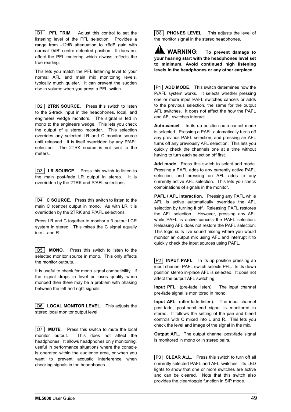 Warning | Allen&Heath ML5000 USER GUIDE User Manual | Page 49 / 60